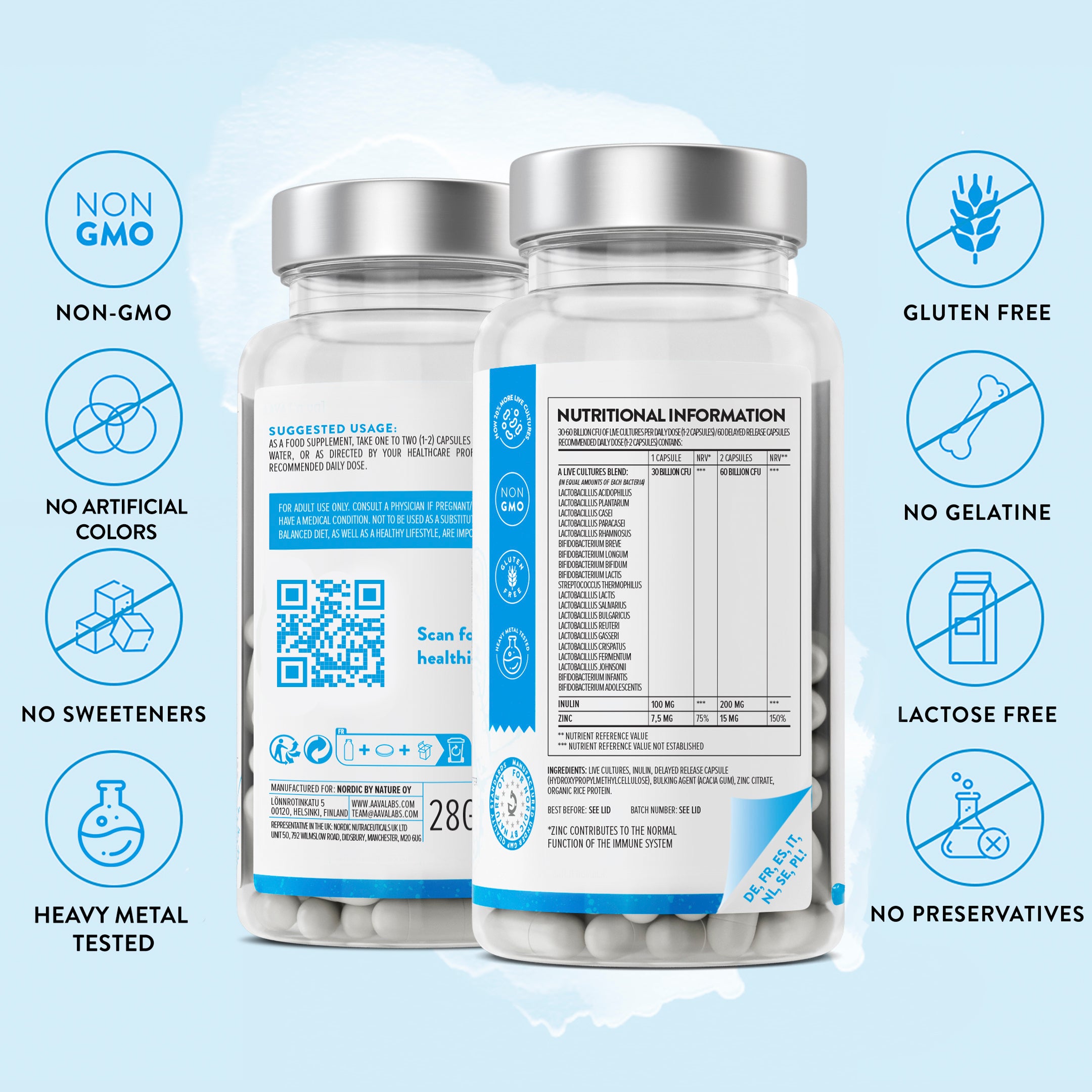 Close‑up of back label showing delayed‑release capsule, inulin prebiotic, organic rice protein and zinc citrate ingredients – Probiolac Probiotic 20 Strains Aavalabs