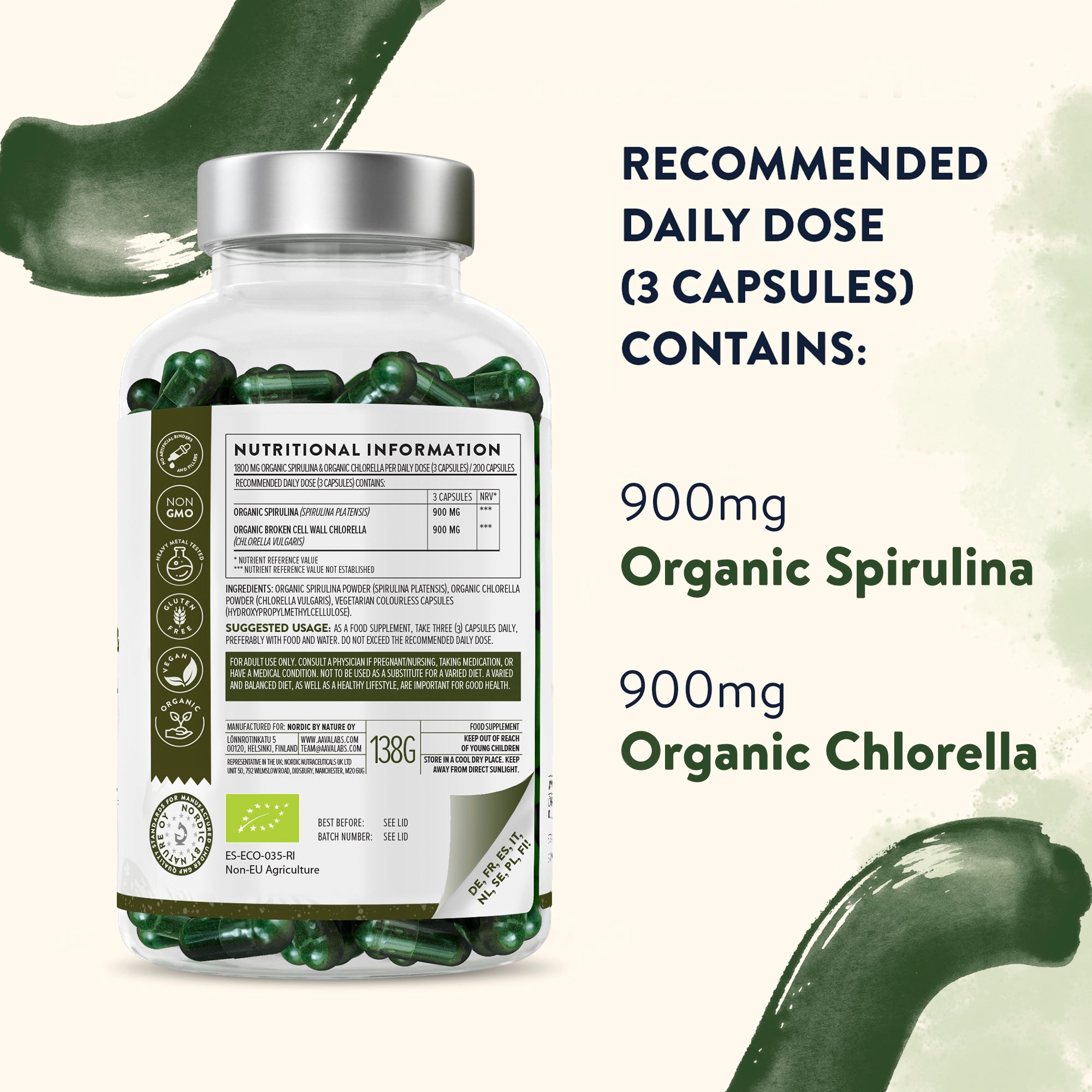 Spirulina & Chlorella Complex bottle and packaging held by hand over natural outdoor setting – Organic Spirulina & Chlorella Complex Aavalabs