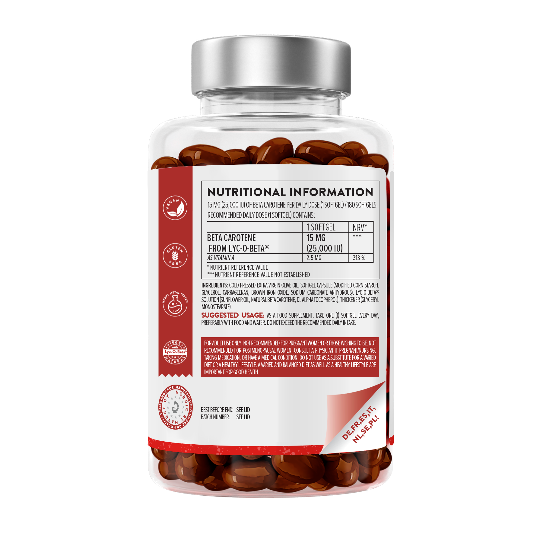 Back label of a Beta Carotene softgels bottle showing nutritional information – Aavalabs