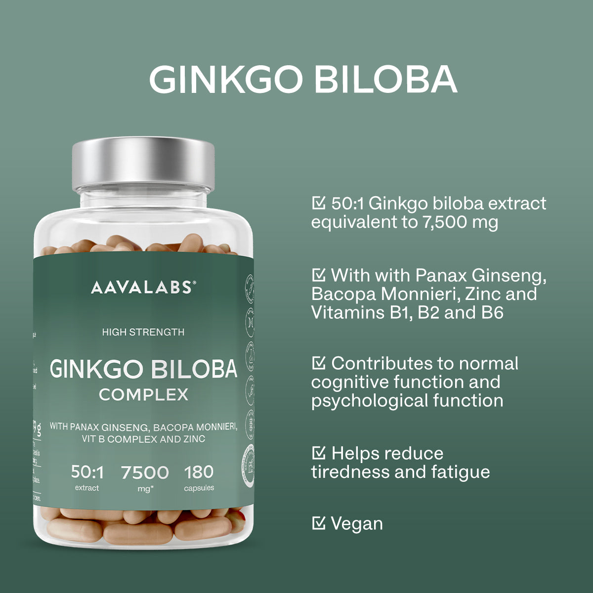 Aavalabs Ginkgo Biloba supplement bottle with highlighted key benefits listed beside it