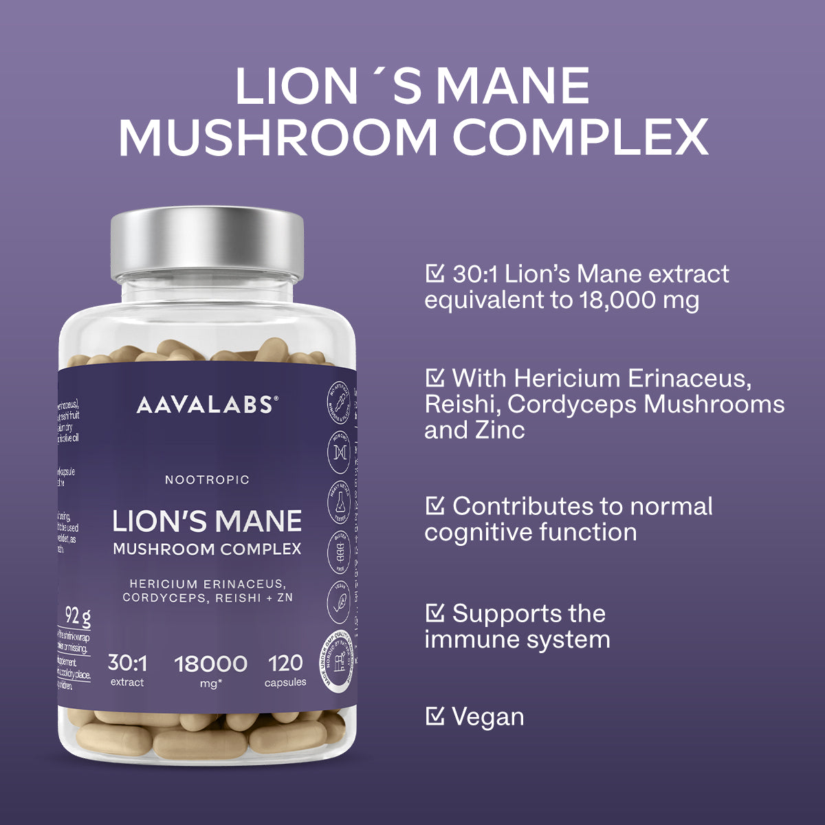 AAVALABS Lion's Mane Mushroom Complex superfoods product image showing a colorful benefits infographic on a square background.
