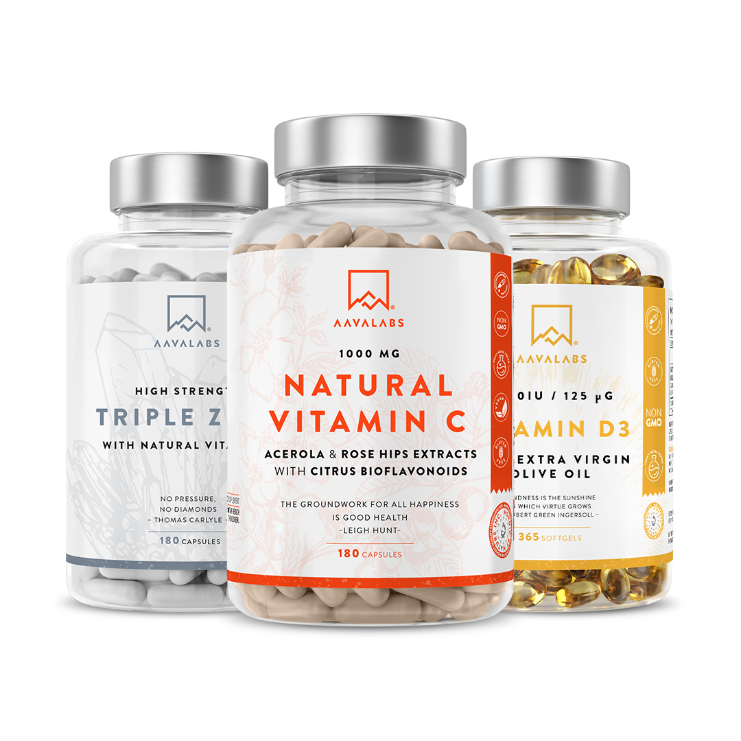 Three supplement bottles bundle: vitamin C complex, triple zinc capsules, and vitamin D3 5000 IU softgels – Immunity Bundle Aavalabs