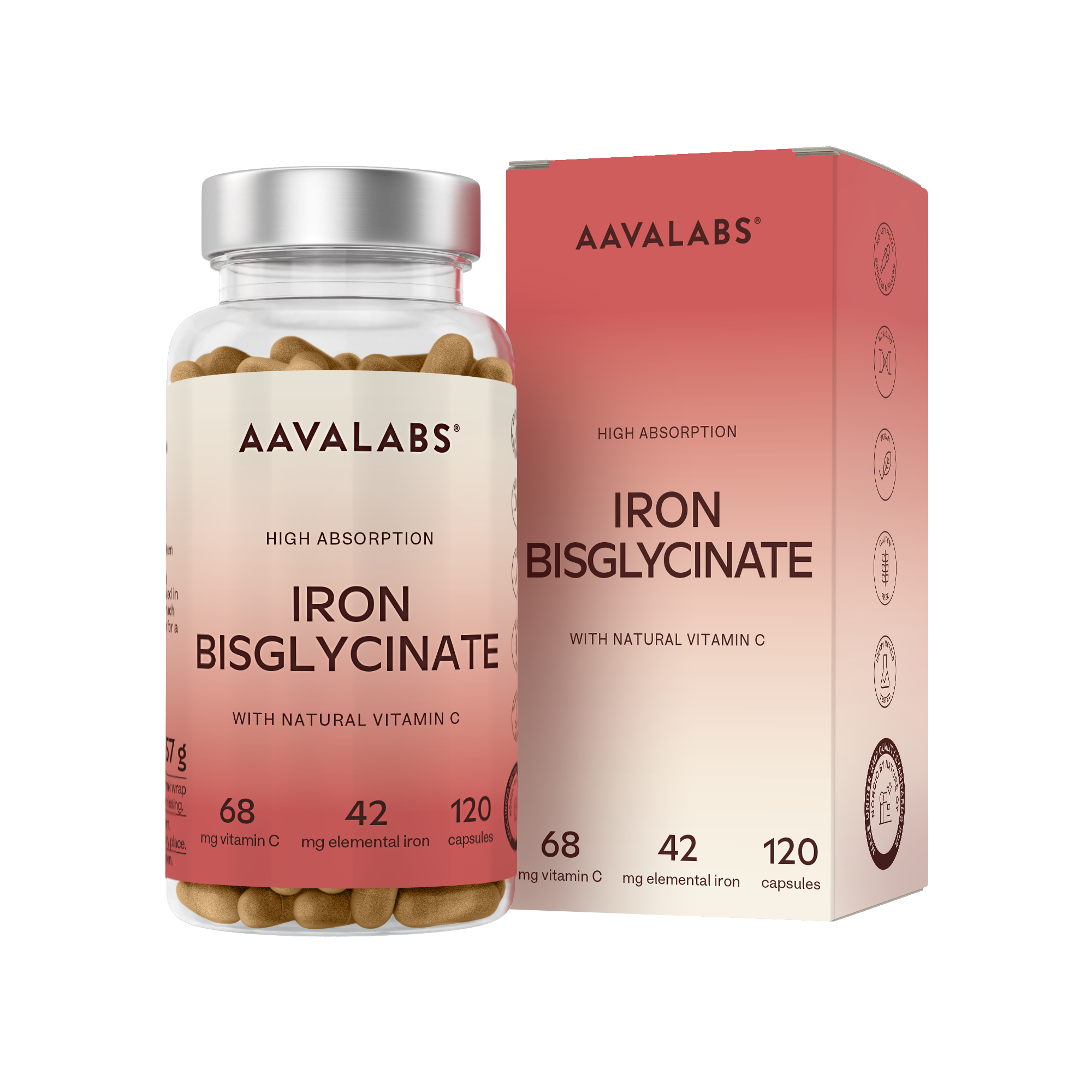 Aavalabs Iron With Vitamin C supplement bottle and box shown together