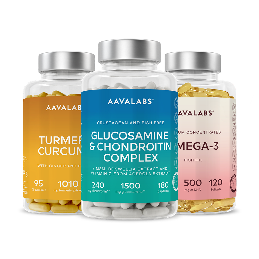 Three supplement bottles including Glucosamine, Omega-3 and Turmeric Curcumin, shown together as a Joints Support bundle - Aavalabs