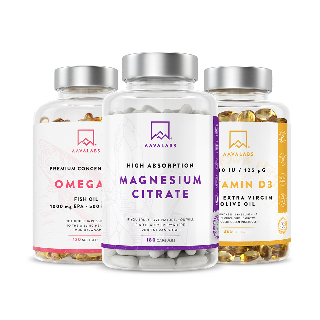 Three supplement bottles bundle: magnesium citrate capsules, vitamin D3 4,000 IU softgels, and omega‑3 fish oil softgels – Muscle Support Bundle Aavalabs