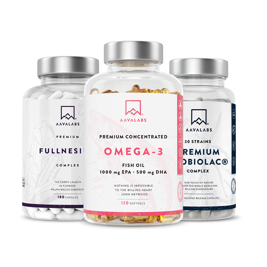 Omega‑3 fish oil softgel bottle emphasising 1,000 mg EPA and 500 mg DHA per daily serving – Premium Bundle Aavalabs