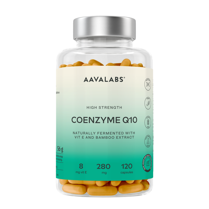 A clear plastic bottle of AAVALABS Coenzyme Q10 dietary supplements, filled with yellow-orange capsules and featuring a white-to-teal gradient label with a silver cap.