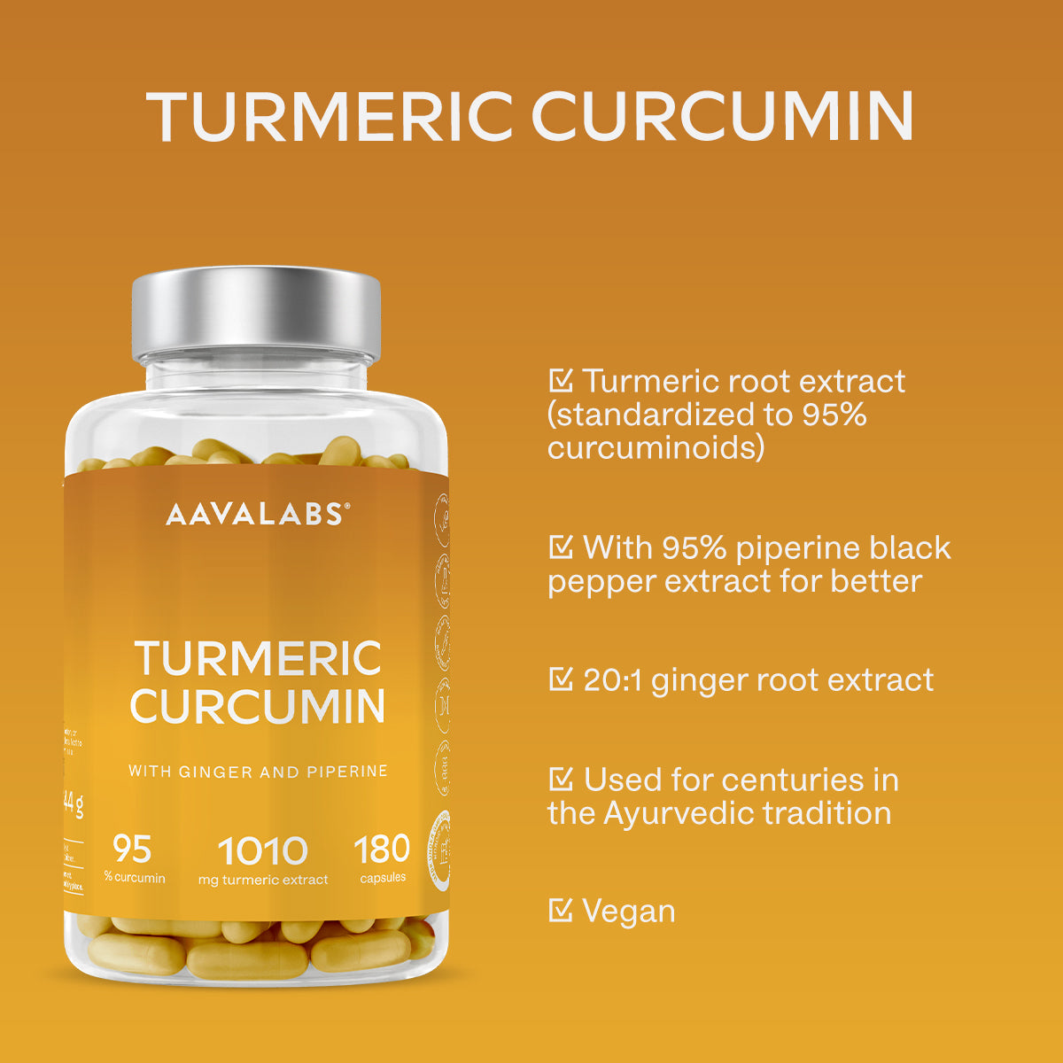 Turmeric Curcumin Bottle and ingredients - Aavalabs