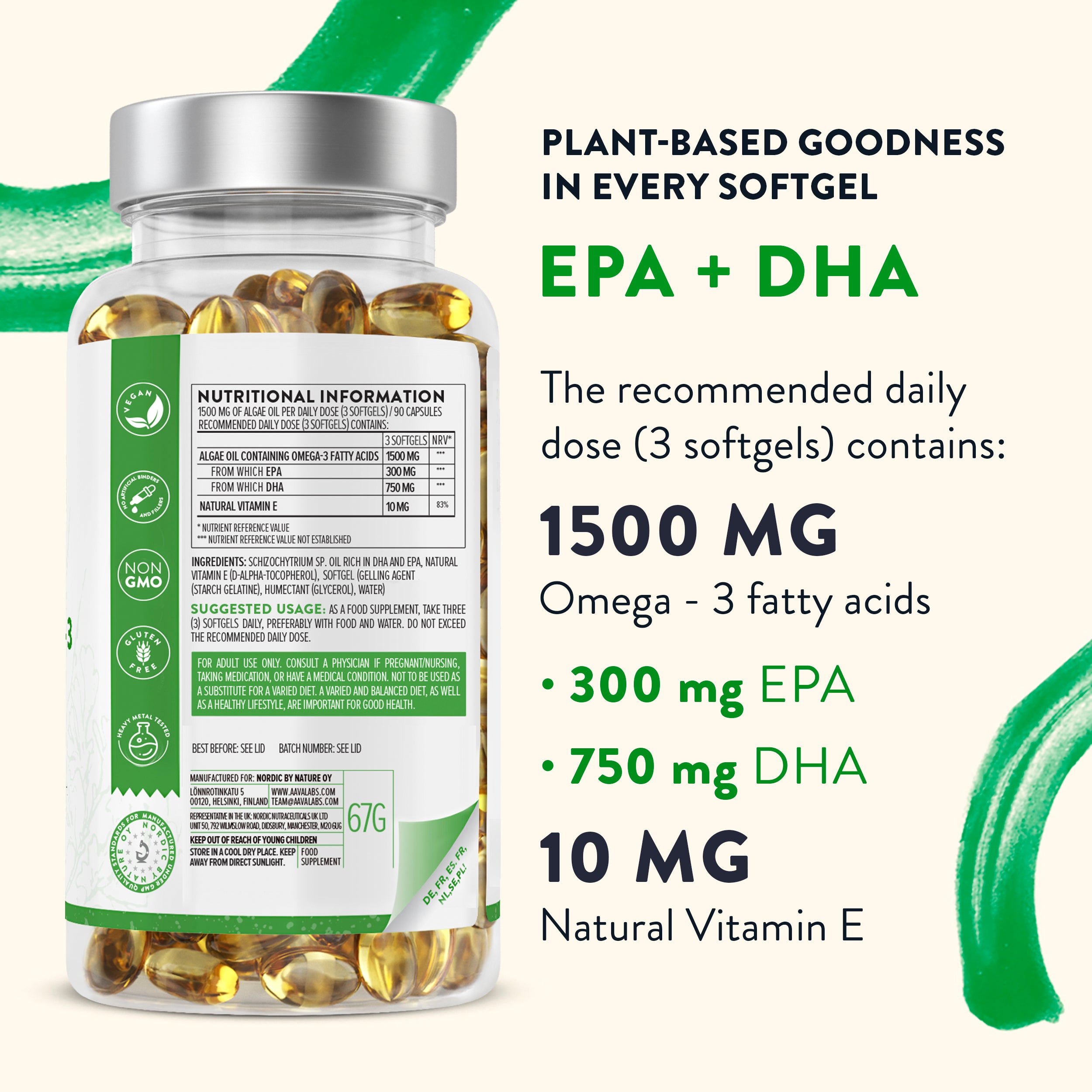 Close‑up of vegetarian softgel bottle showing algae‑derived DHA, EPA, natural vitamin E and vegetarian capsule information – Vegan Omega 3 from Algae Aavalabs