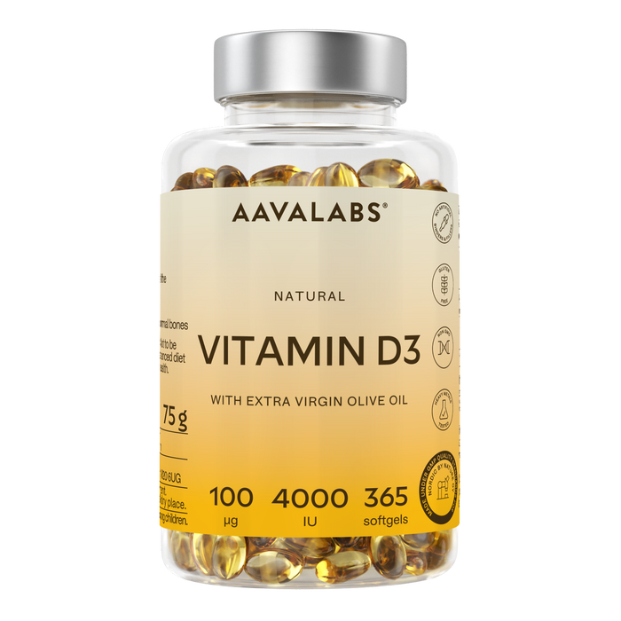 A clear plastic bottle of AAVALABS Vitamin D3 softgels with a silver cap and a beige-to-yellow label, filled with golden-yellow softgels, on a solid white background.