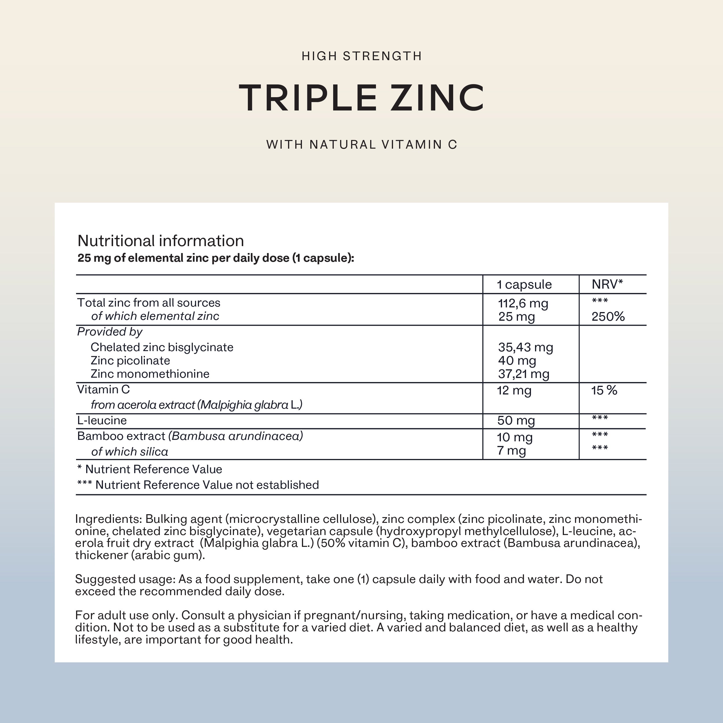 Back label showing the nutritional information for Triple Zinc capsules - Aavalabs