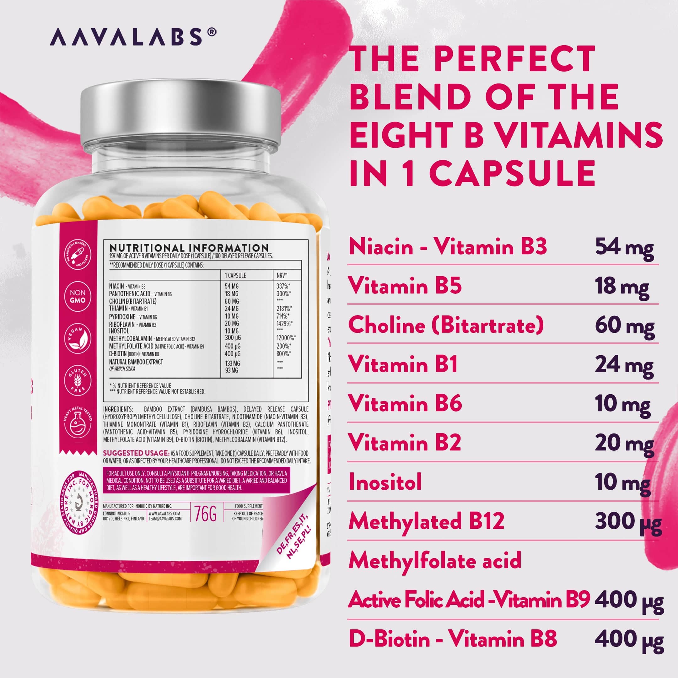 Brain Support Bundle Vitamin B Complex bottle featured on a pink background with benefits highlighted around it – Aavalabs