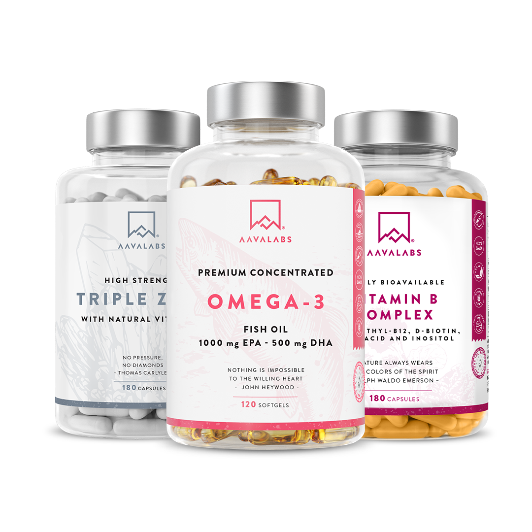 Brain Support Bundle trio of supplement bottles (Omega-3, Vitamin B Complex, Triple Zinc Complex) grouped together at the front – Aavalabs