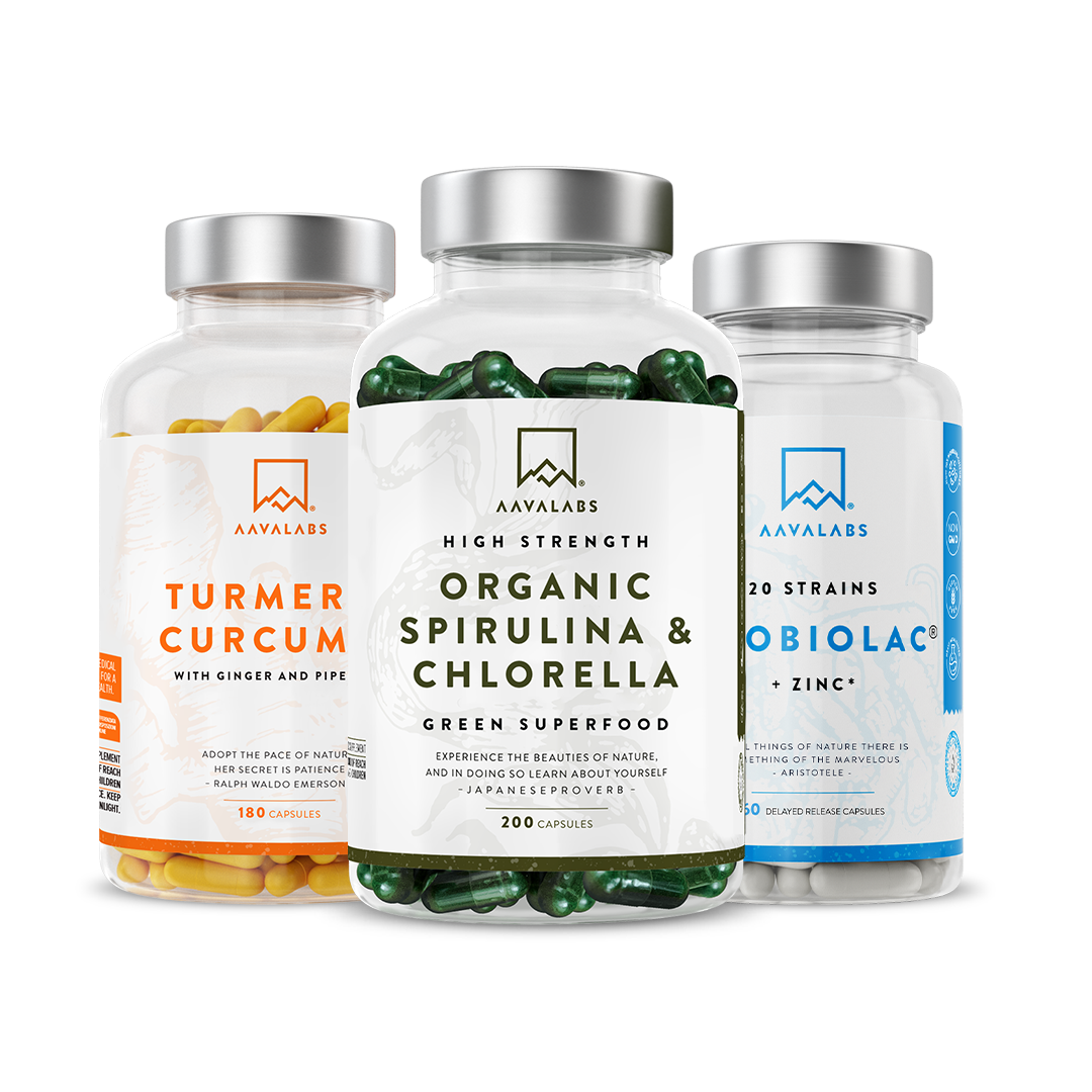 Three supplement bottles bundle: probiotic, turmeric‑ginger complex, and spirulina & chlorella – Gut Health Bundle Aavalabs