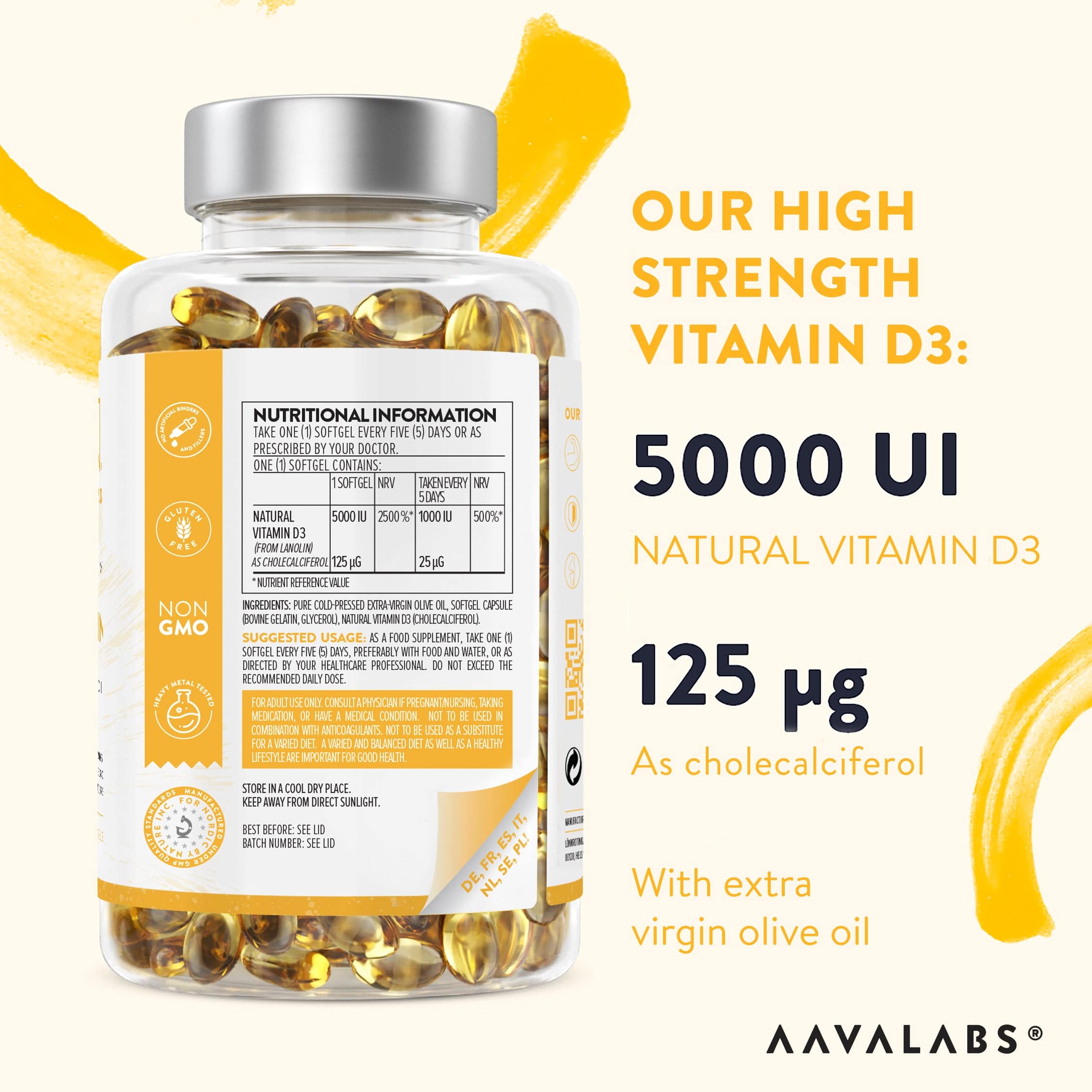 Vitamin D3 5000 IU softgel bottle on pale background indicating daily dosage – Immunity Bundle Aavalabs