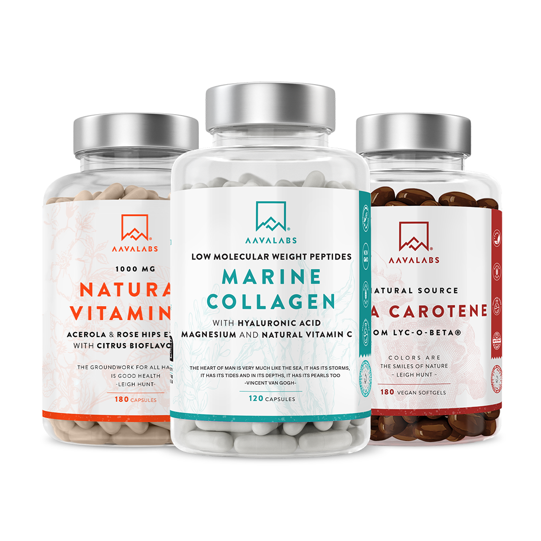 Supplement bottle with silver lid next to black box packaging on pale background – Shilajit Aavalabs