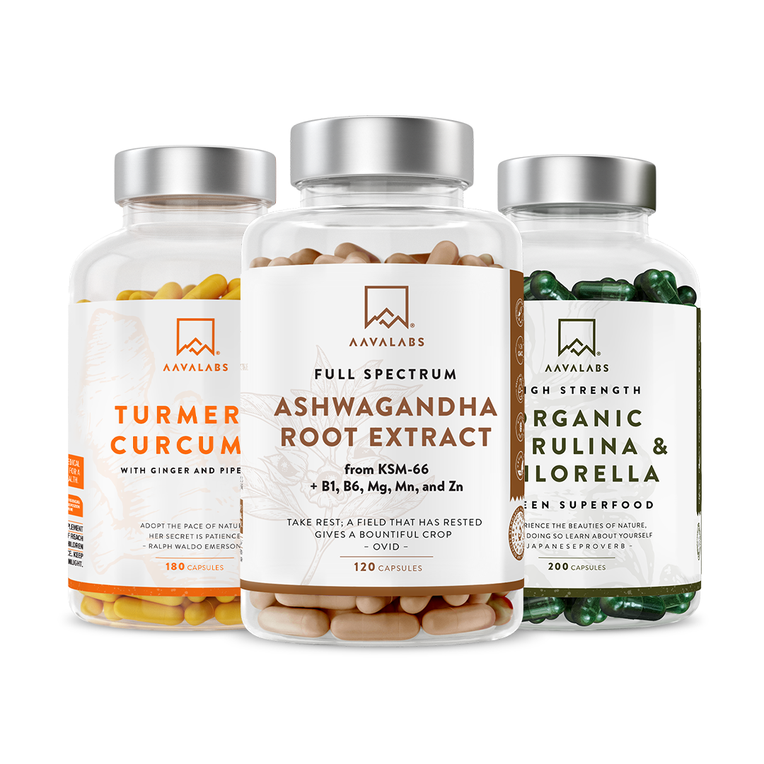 Three supplement bottles bundle: Ashwagandha KSM-66 root extract, Turmeric-Ginger Complex, and Organic Spirulina & Chlorella – Superfoods Bundle Aavalabs
