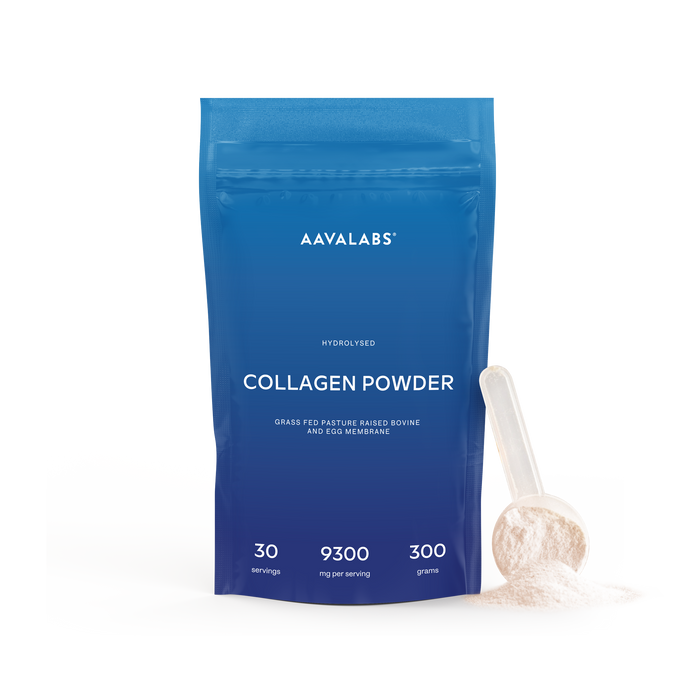 AAVALABS hydrolyzed collagen powder in a clear jar with scoop, showing the fine white powder inside.