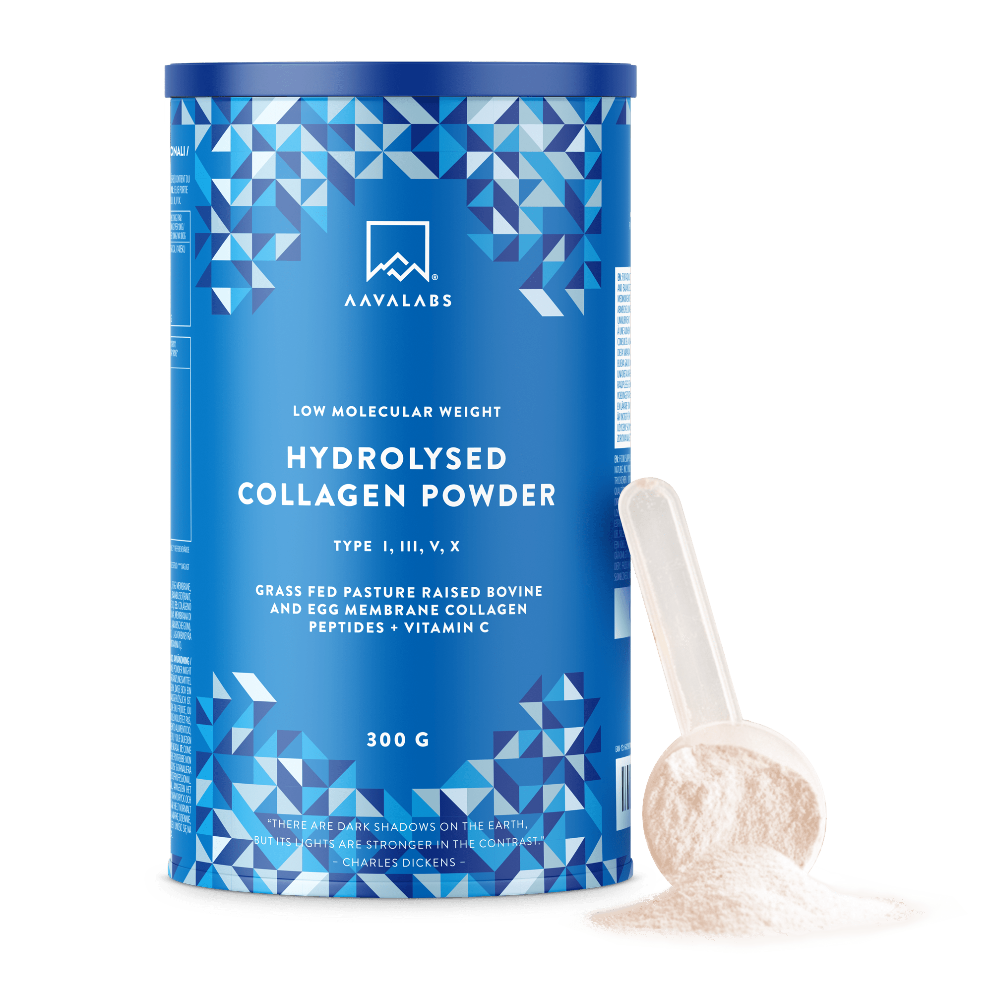 Blue canister of hydrolysed collagen powder with scoop on pale background – Hydrolysed Collagen Powder Aavalabs