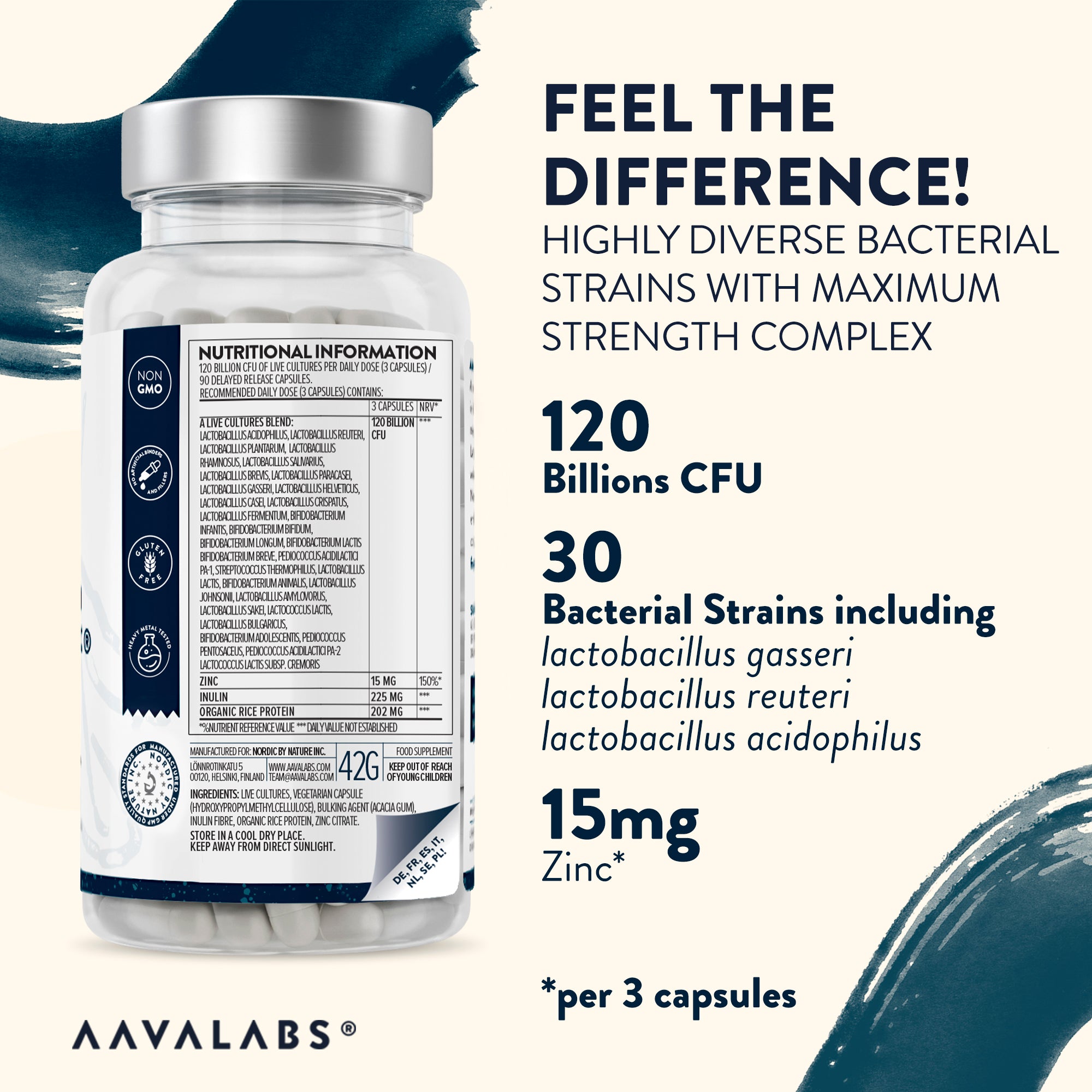 Close‑up of probiotic bottle back label showing inulin prebiotic, zinc citrate, gluten‑free delayed‑release capsules – Premium Probiolac Probiotic 30 Strains Aavalabs