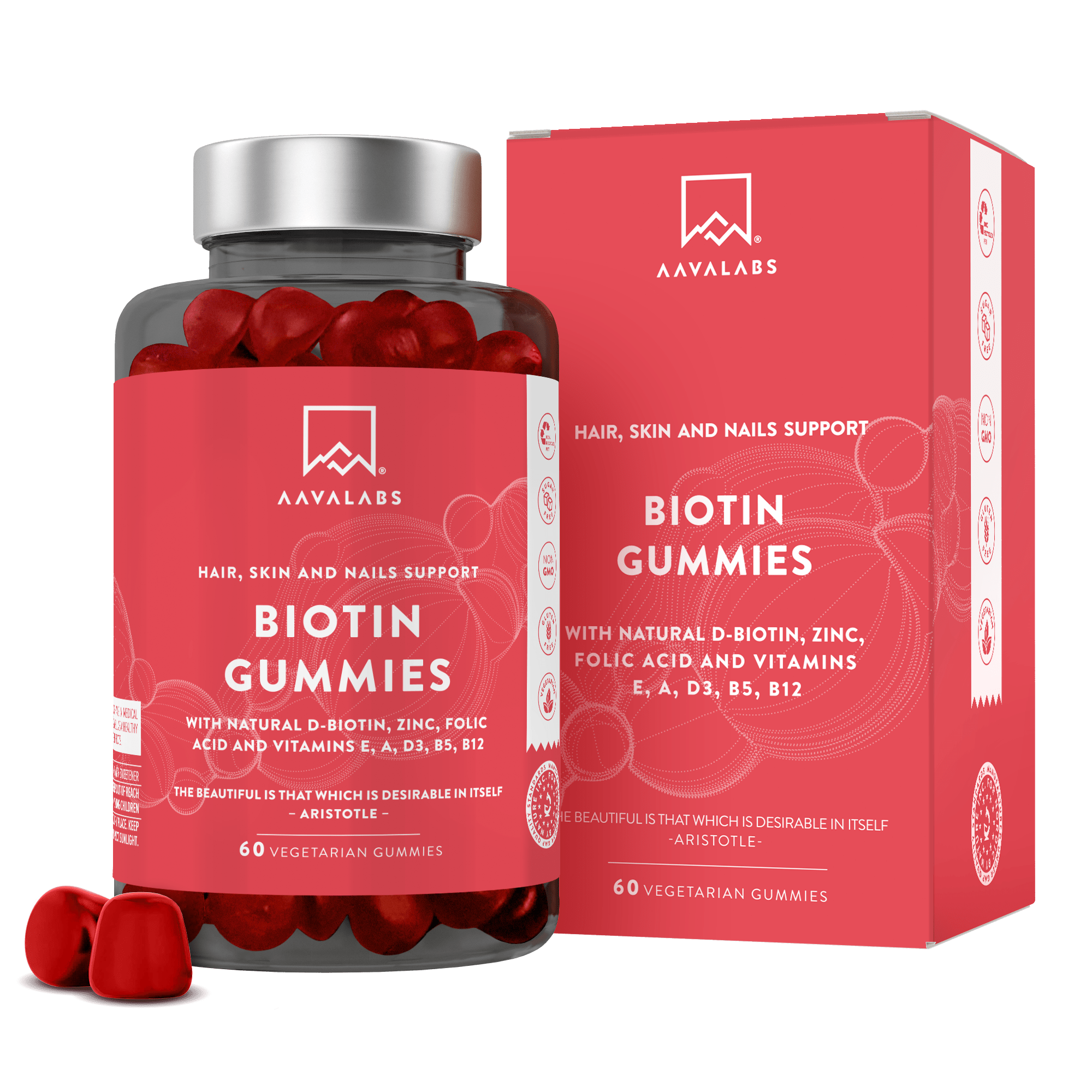 Biotin Gummies bottle with silver lid placed next to its red branded box, clearly showing the product name on the label – Aavalabs