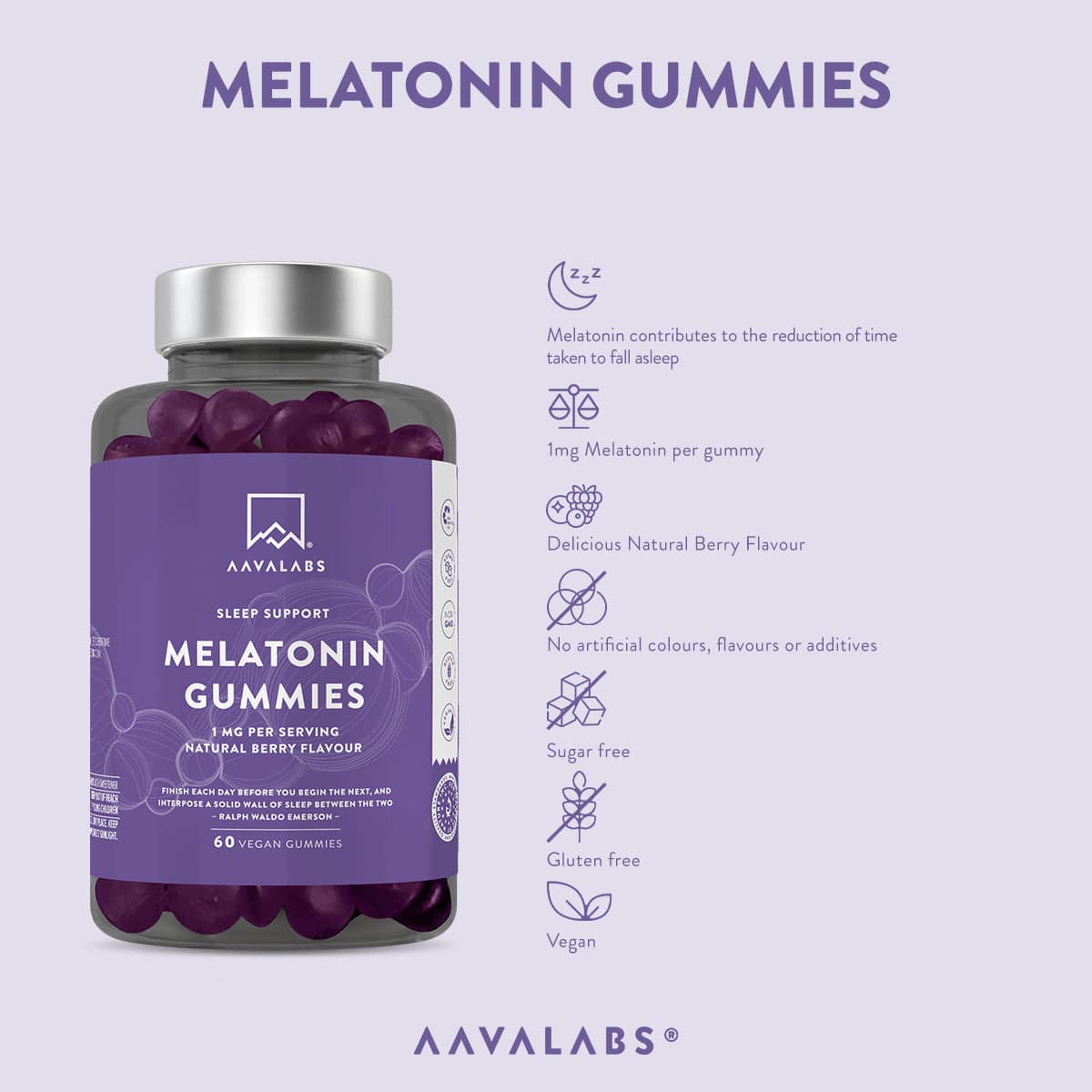Bottle of melatonin gummies featuring benefit icons for restful sleep and reduced time to fall asleep – Melatonin Gummies Aavalabs