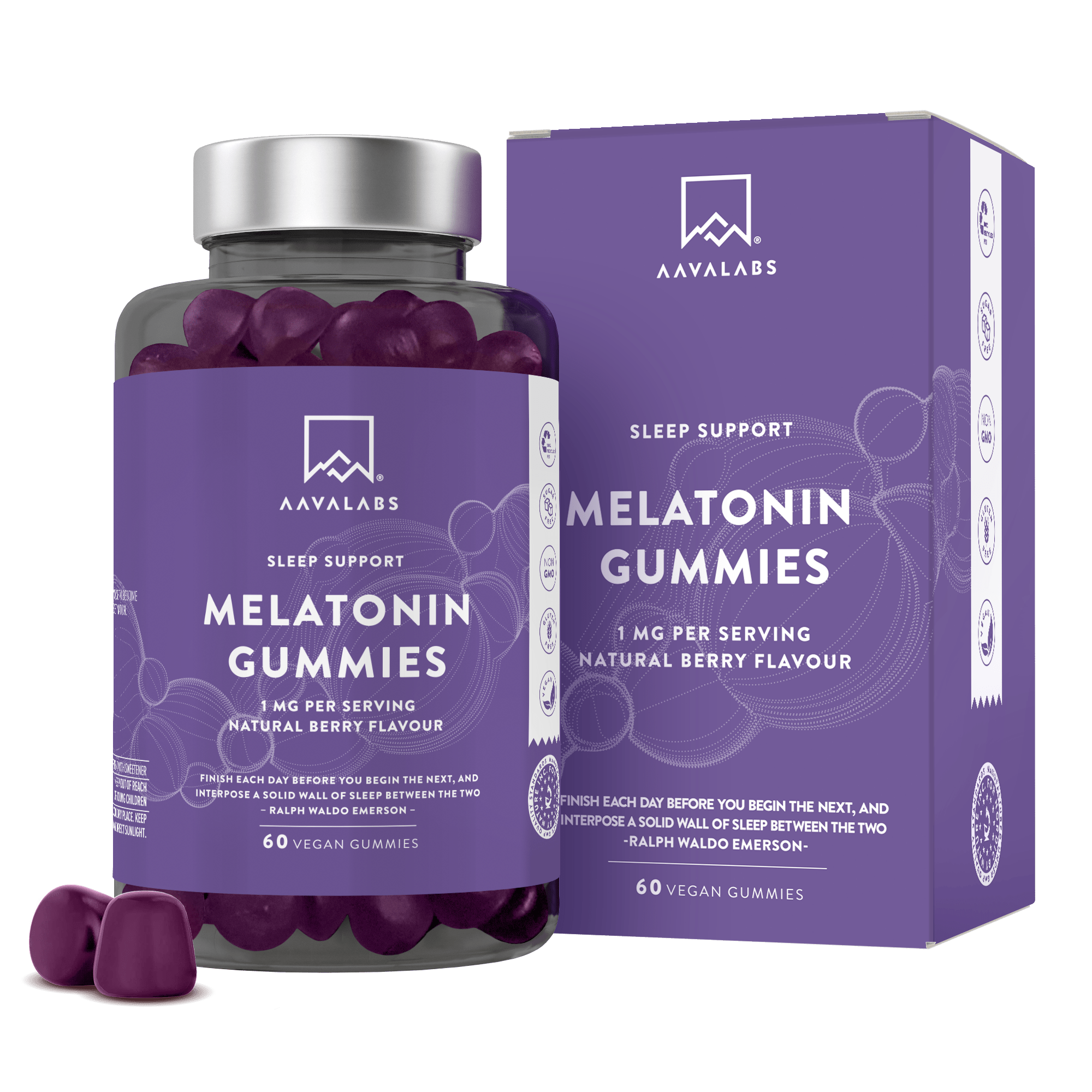 Purple gummy jar with silver lid displayed next to matching purple box on a neutral background – Melatonin Gummies Aavalabs