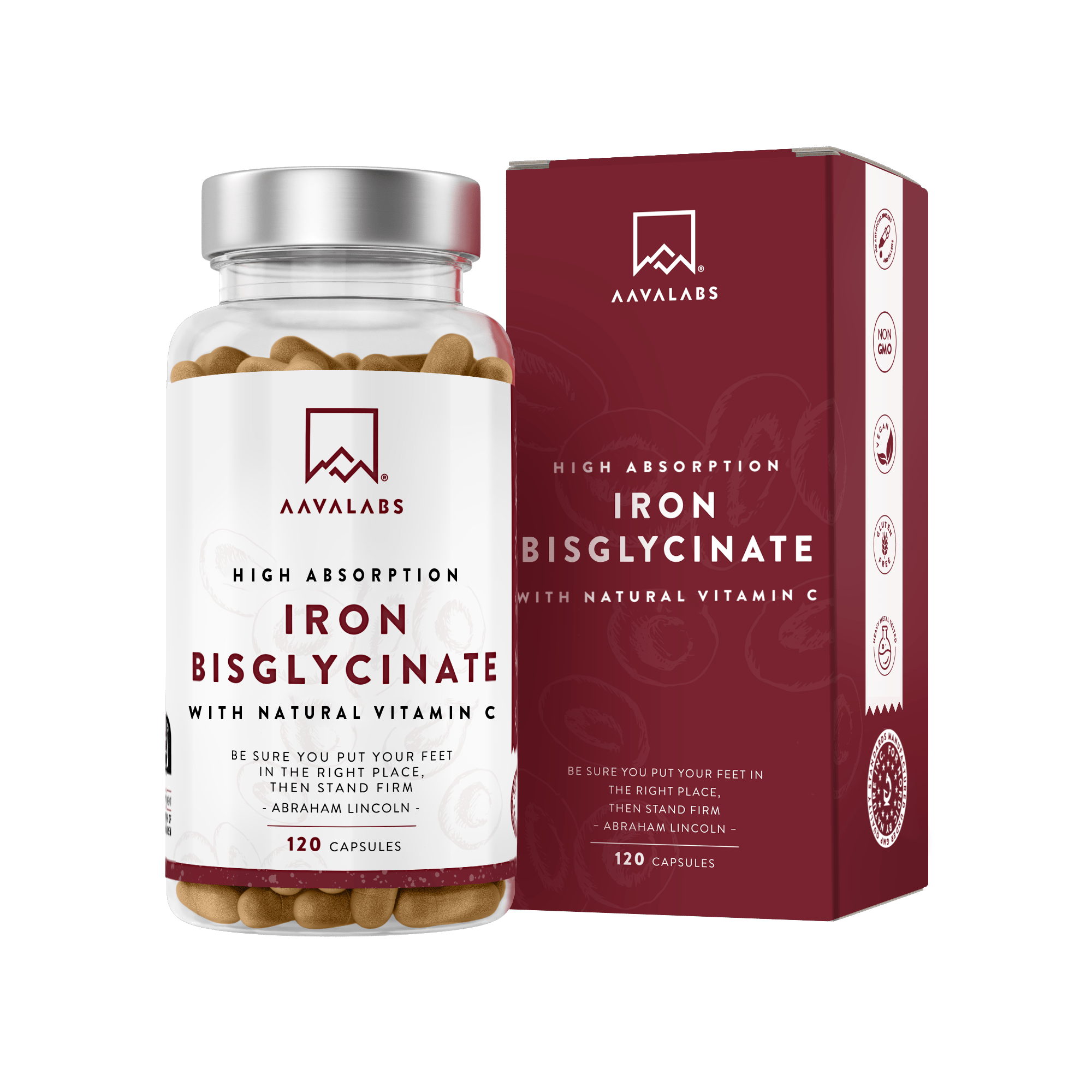 Supplement bottle with silver lid next to dark red box packaging on pale background – Iron with Vitamin C Aavalabs