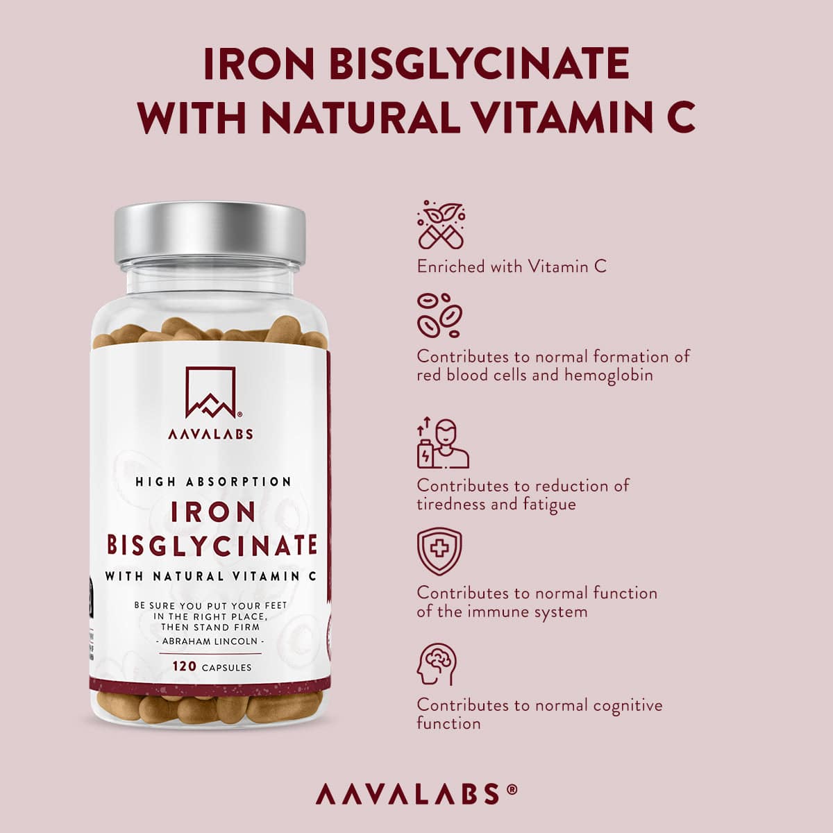 Iron capsule bottle displayed alongside text overlay listing 42 mg iron bisglycinate and natural vitamin C for absorption support – Iron with Vitamin C Aavalabs