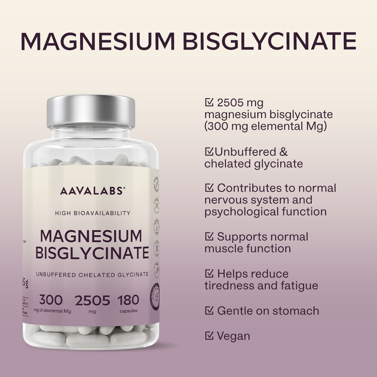 Close‑up of back label showing benefits for muscle, nervous system, energy and fatigue reduction – Magnesium Bisglycinate Aavalabs