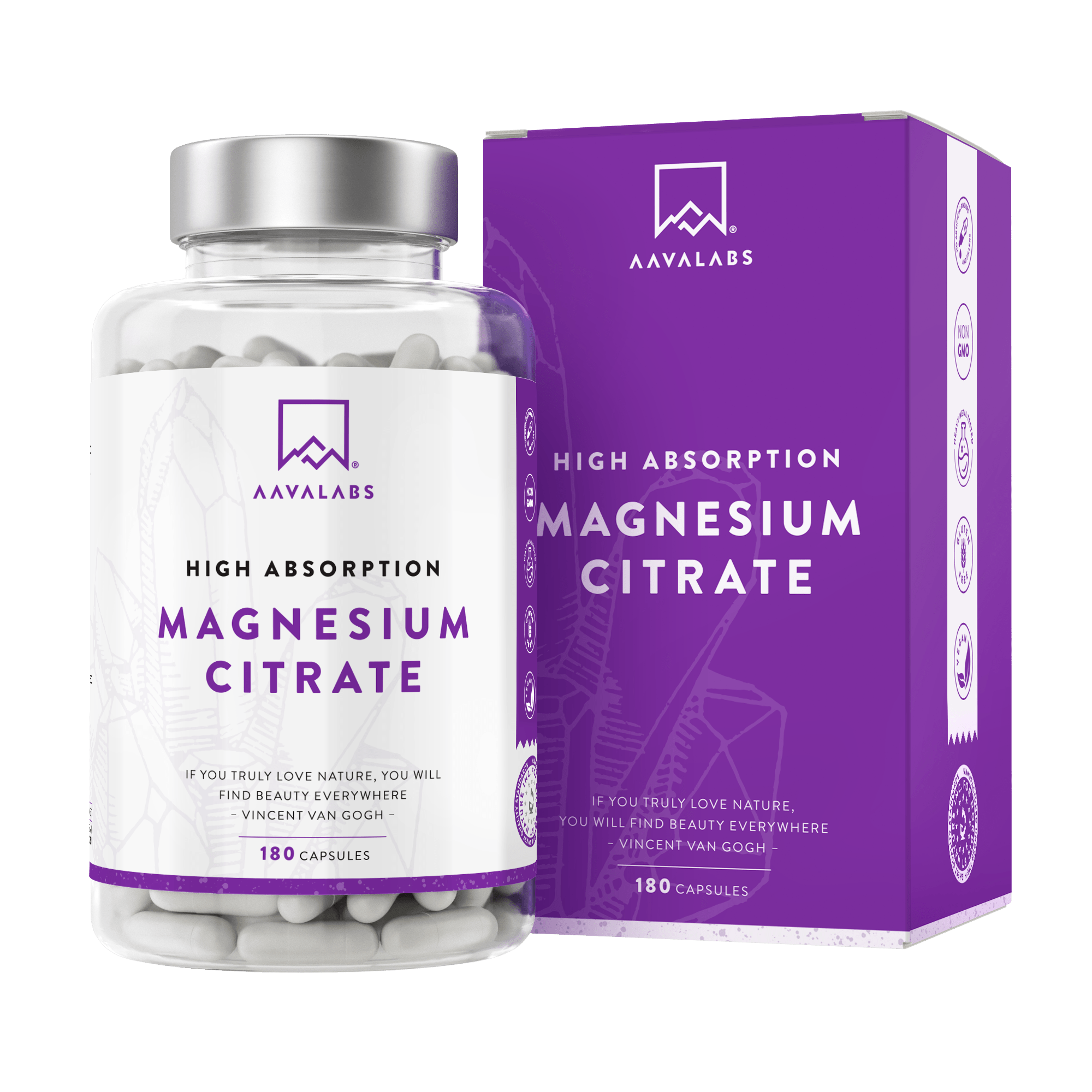 Supplement bottle with silver lid alongside purple box packaging on pale background – Magnesium Citrate Aavalabs