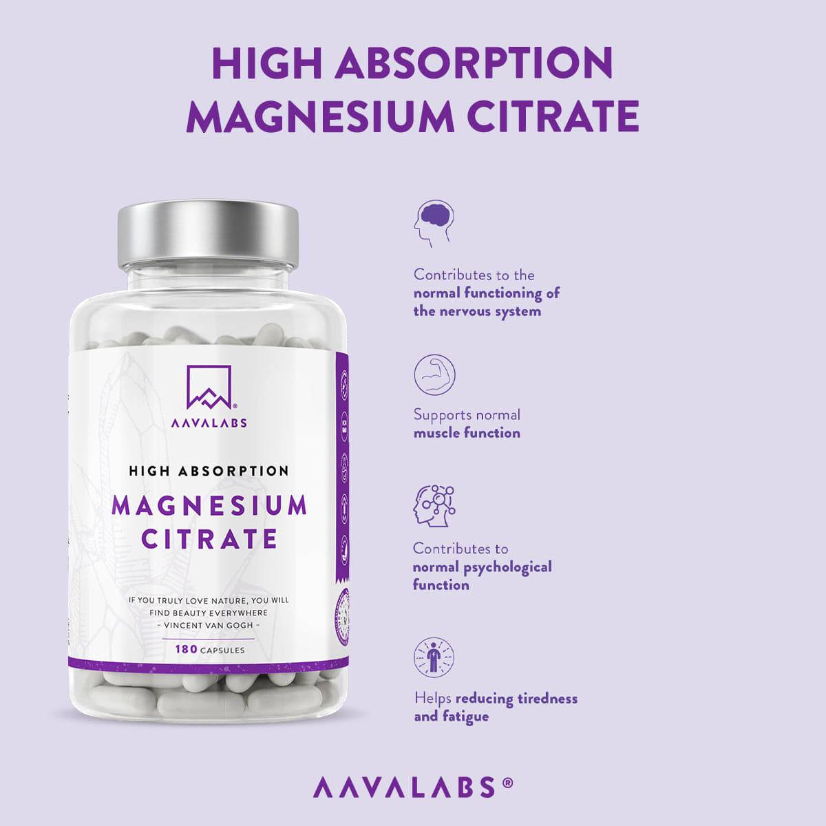 Bottle of magnesium citrate with overlay detailing 360 mg elemental magnesium per serving and trimagnesium citrate source – Magnesium Citrate Aavalabs