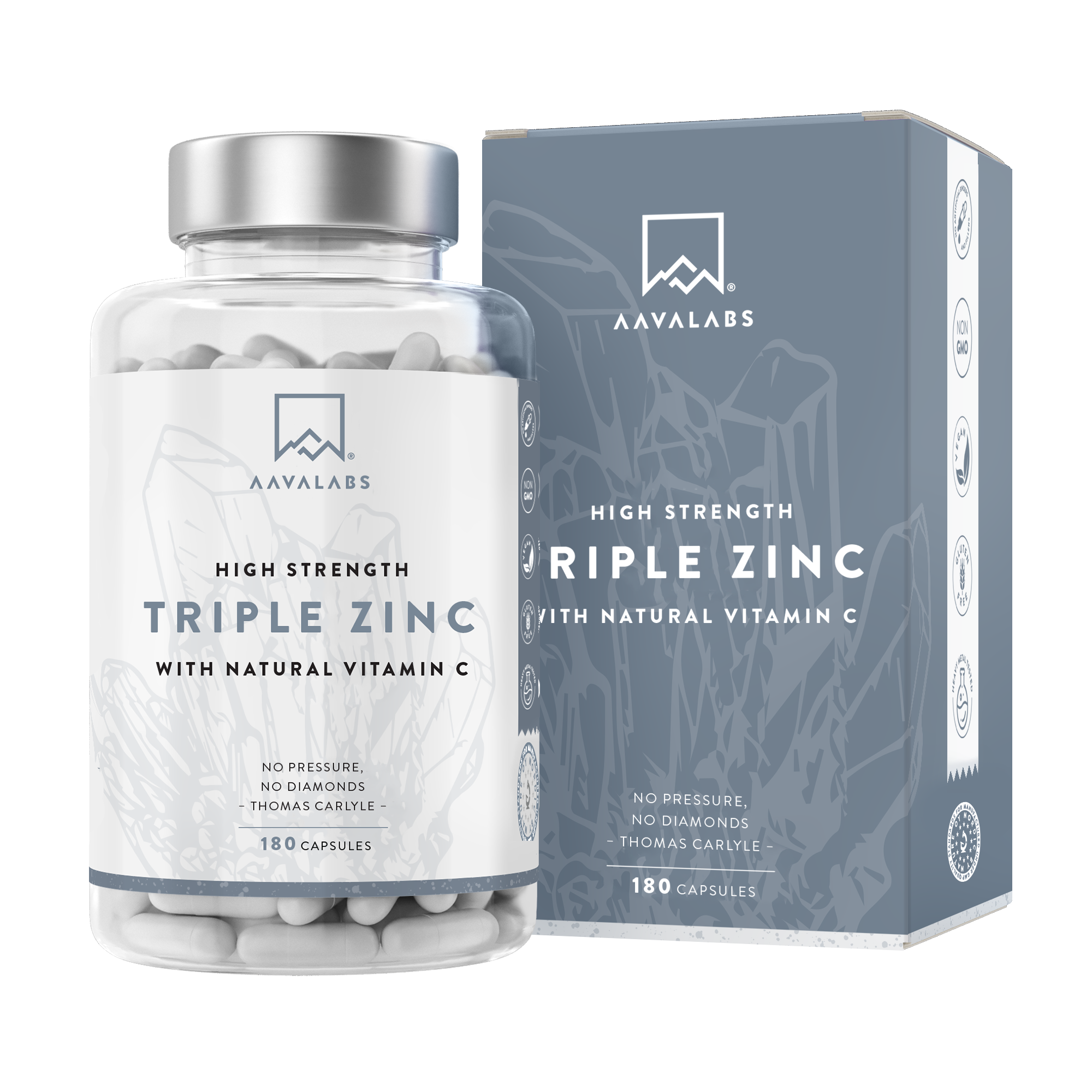 Supplement bottle with silver lid next to dark grey box packaging on pale background – Triple Zinc Aavalabs