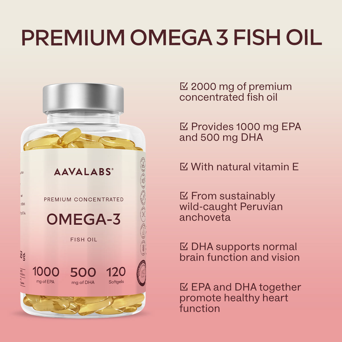 Aavalabs Omega-3 fish oil bottle with listed health benefits and supplement details