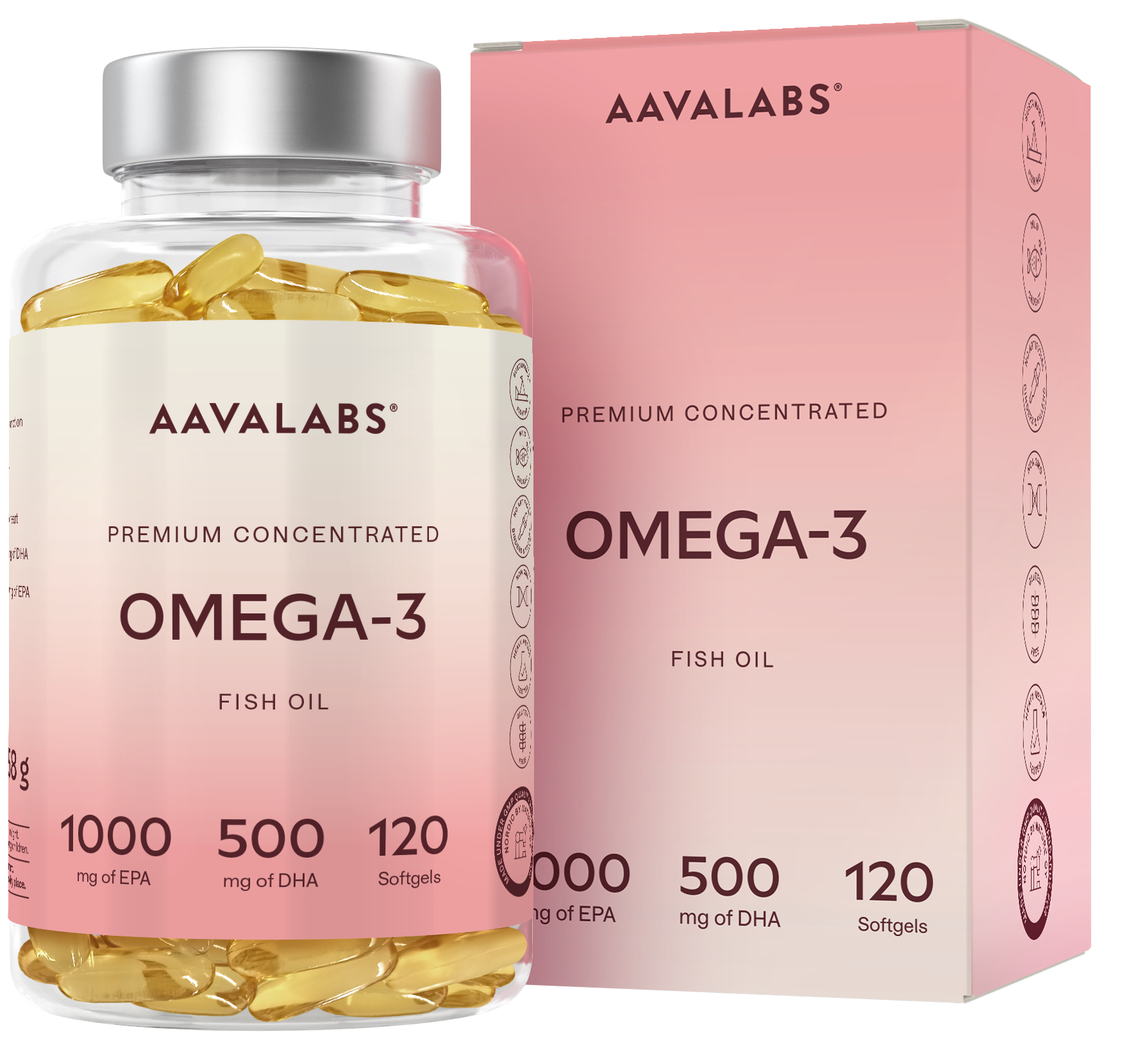Bottle of AAVALABS Premium Omega 3 Fish Oil capsules, featuring the product label and softgel capsules inside.