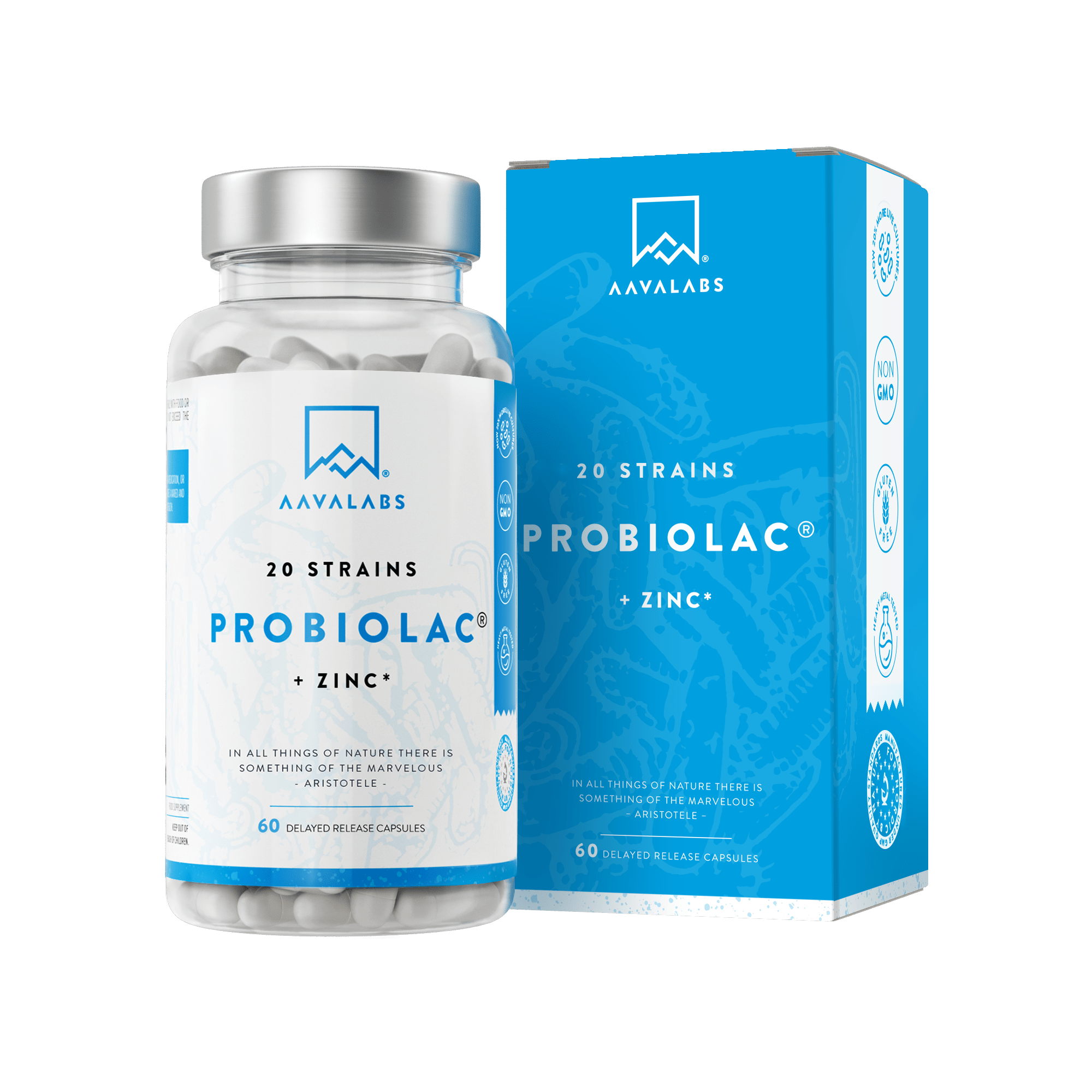Supplement bottle with silver lid beside blue box packaging on pale background – Probiolac Probiotic 20 Strains Aavalabs
