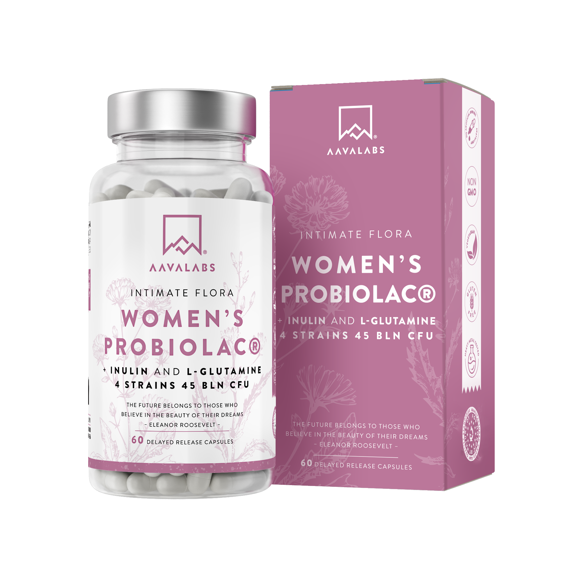 Bottle and box of Aavalabs Women’s Probiolac probiotic with purple floral packaging