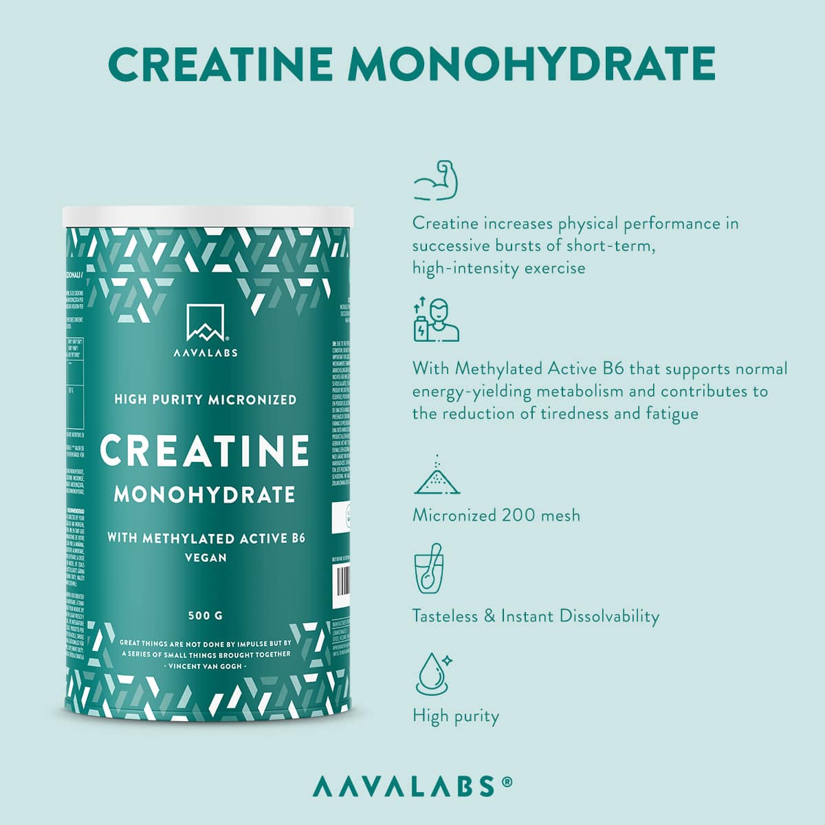 Creatine Monohydrate bottle displayed from the front on a light background, highlighting the design and product name – Aavalabs