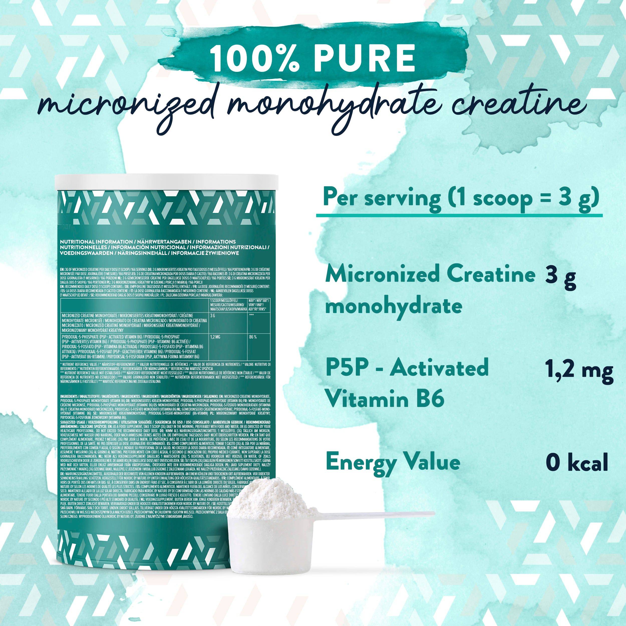 Creatine Monohydrate bottle turned to the back, presenting the supplement facts and ingredients label in detail – Aavalabs