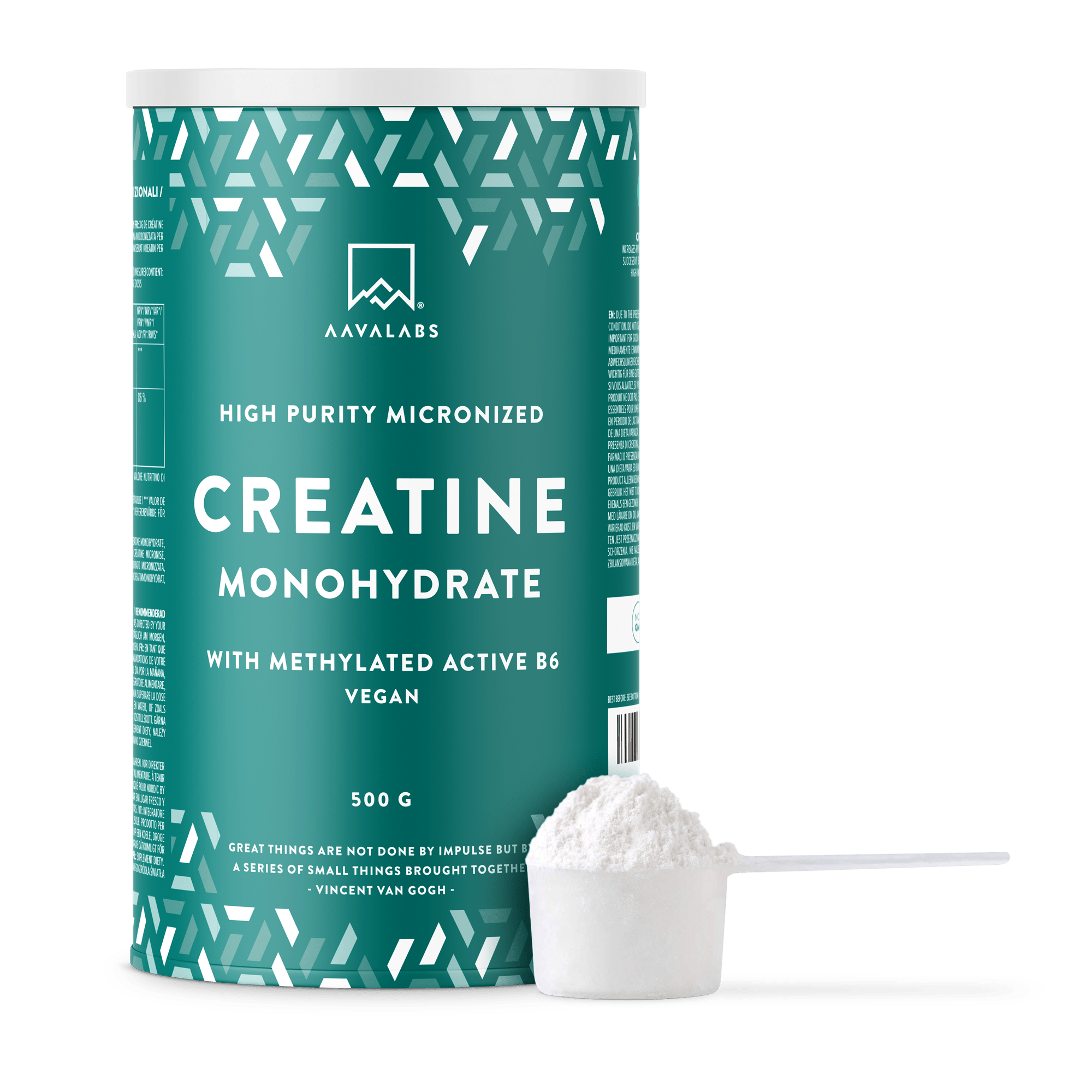 Creatine Monohydrate bottle with silver lid placed beside its teal branded box, clearly showing the front label – Aavalabs