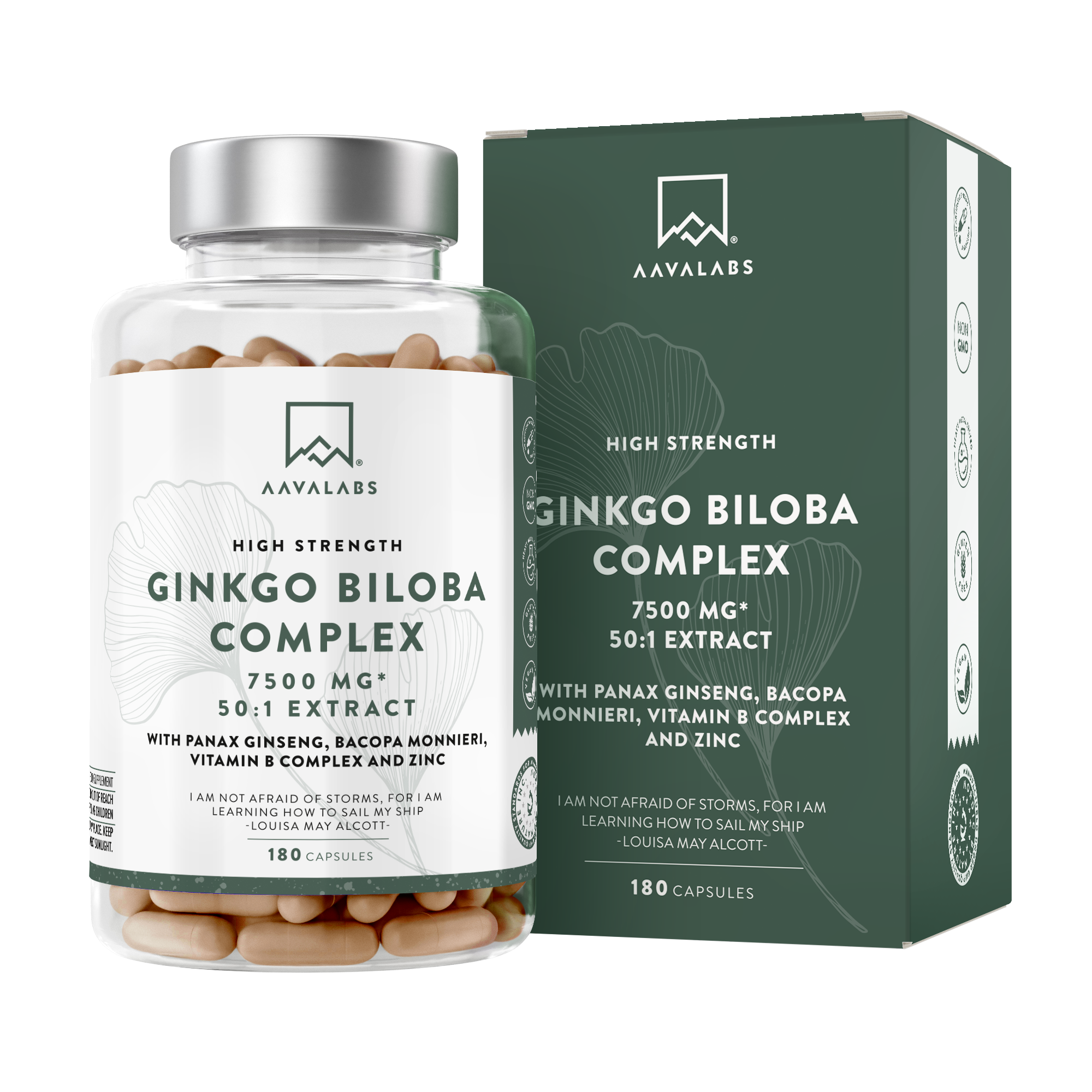 Supplement bottle with silver lid next to dark green box packaging on pale background – Ginkgo Biloba Aavalabs