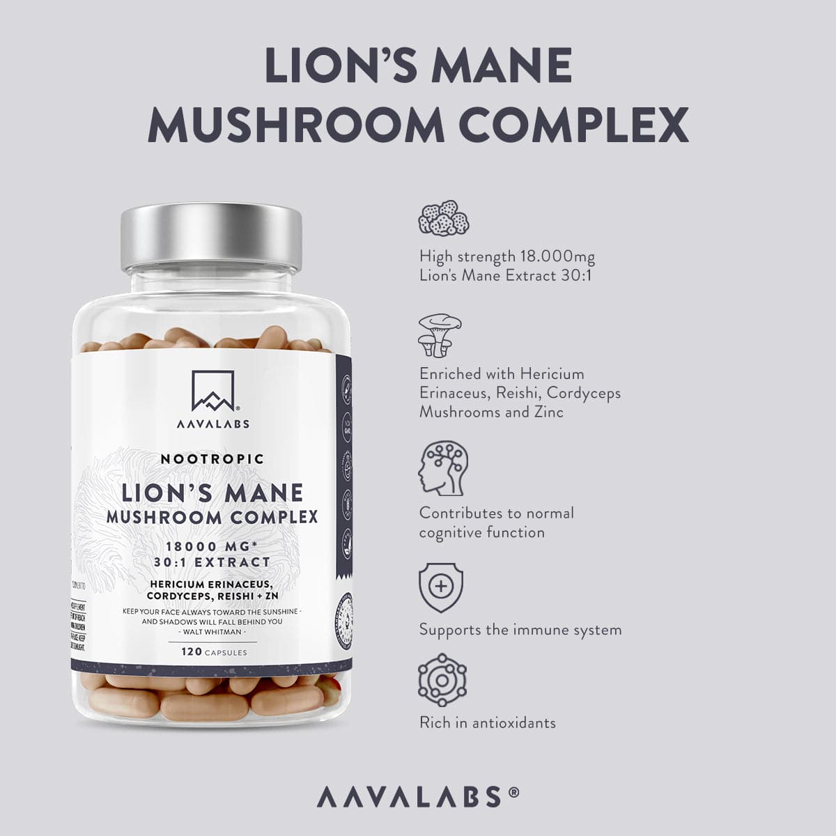 Front view of lion’s mane capsule bottle displaying 30 % polysaccharides, Reishi and Cordyceps extracts – Lions Mane Mushroom Complex Aavalabs