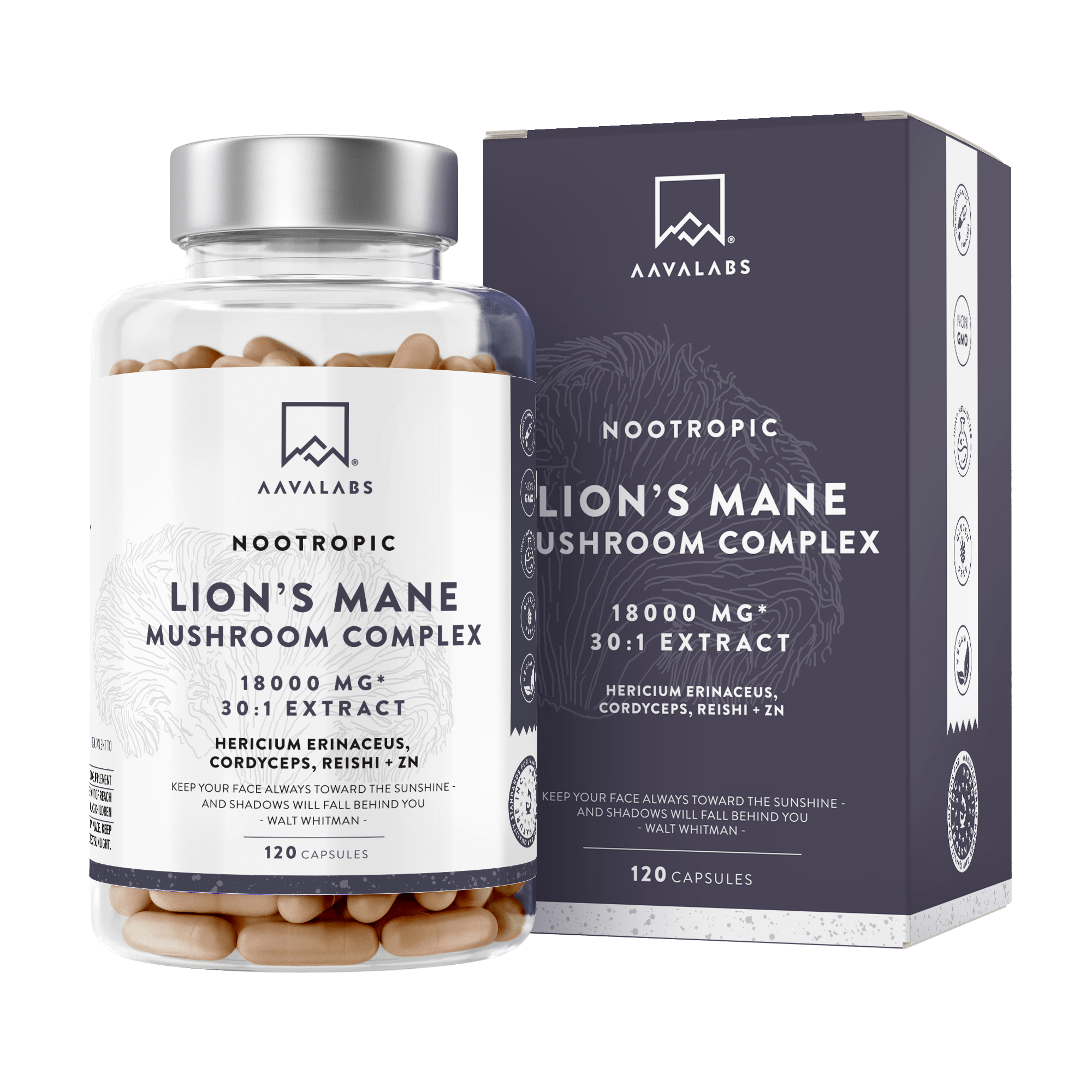 Supplement bottle next to dark grey box packaging with 30:1 lion’s mane extract label – Lions Mane Mushroom Complex Aavalabs
