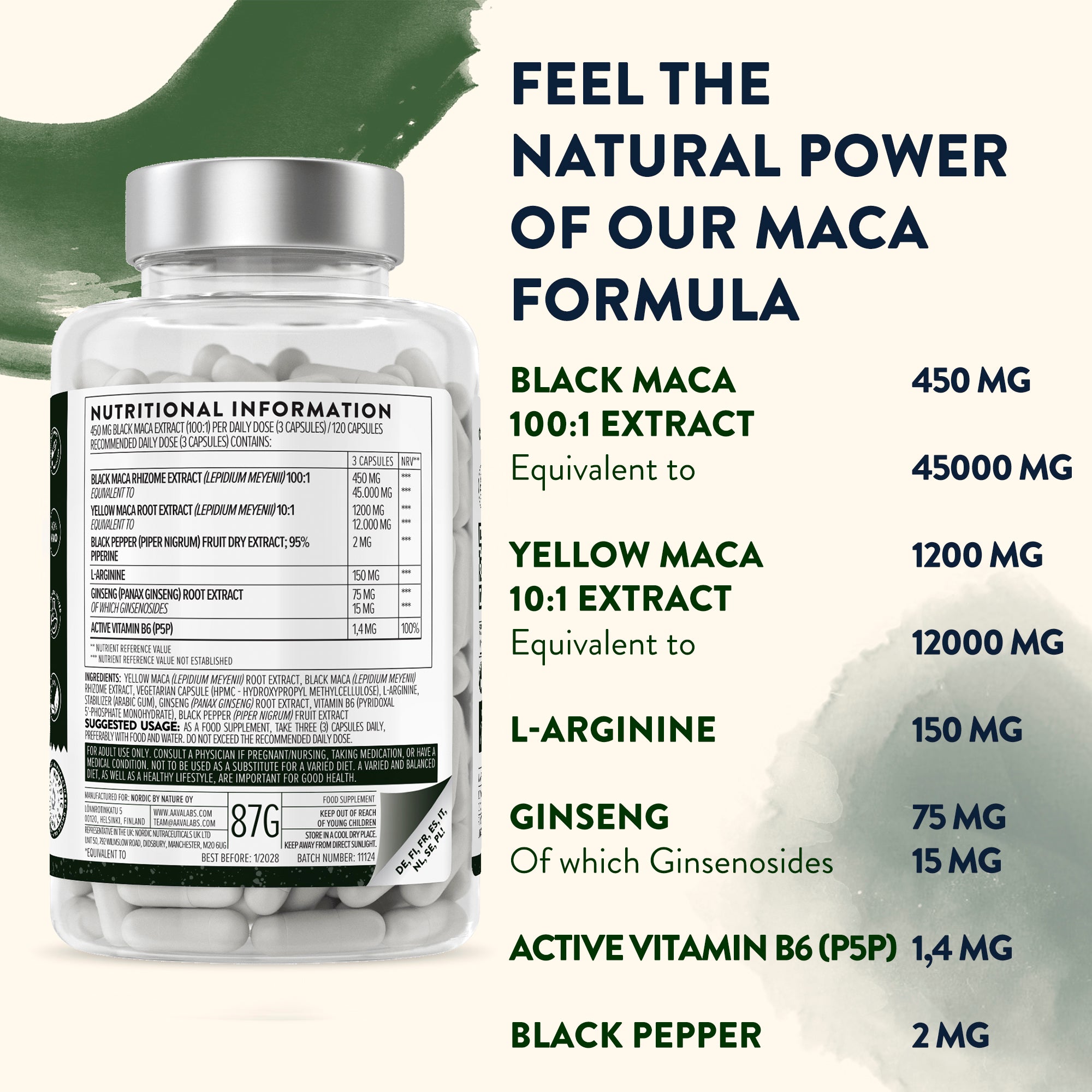 Front view of maca root complex capsule bottle showing 100:1 black maca and 10:1 yellow maca extracts with ginseng highlights – Maca Root Complex Aavalabs