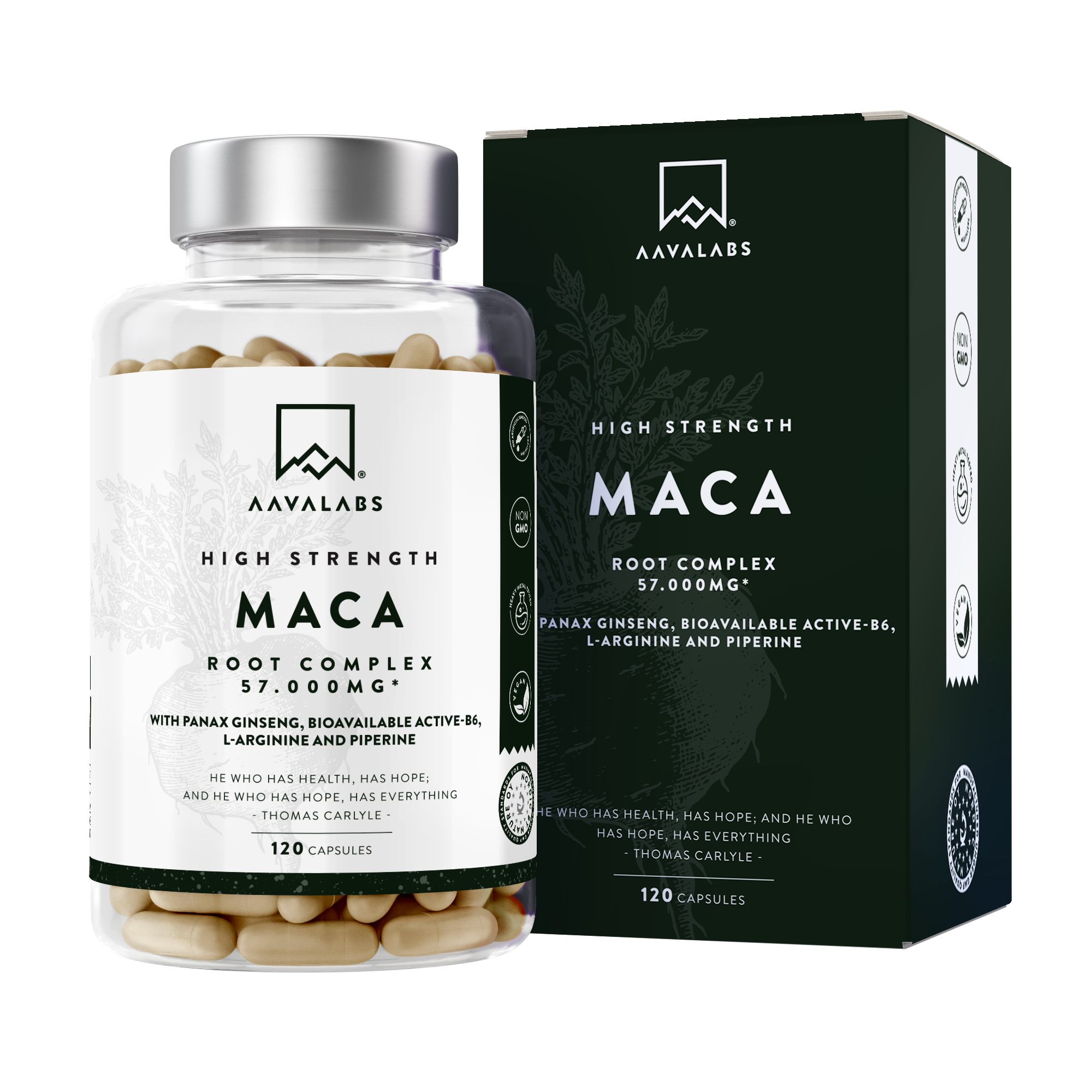 Supplement bottle with silver lid beside dark grey box packaging on pale background – Maca Root Complex Aavalabs