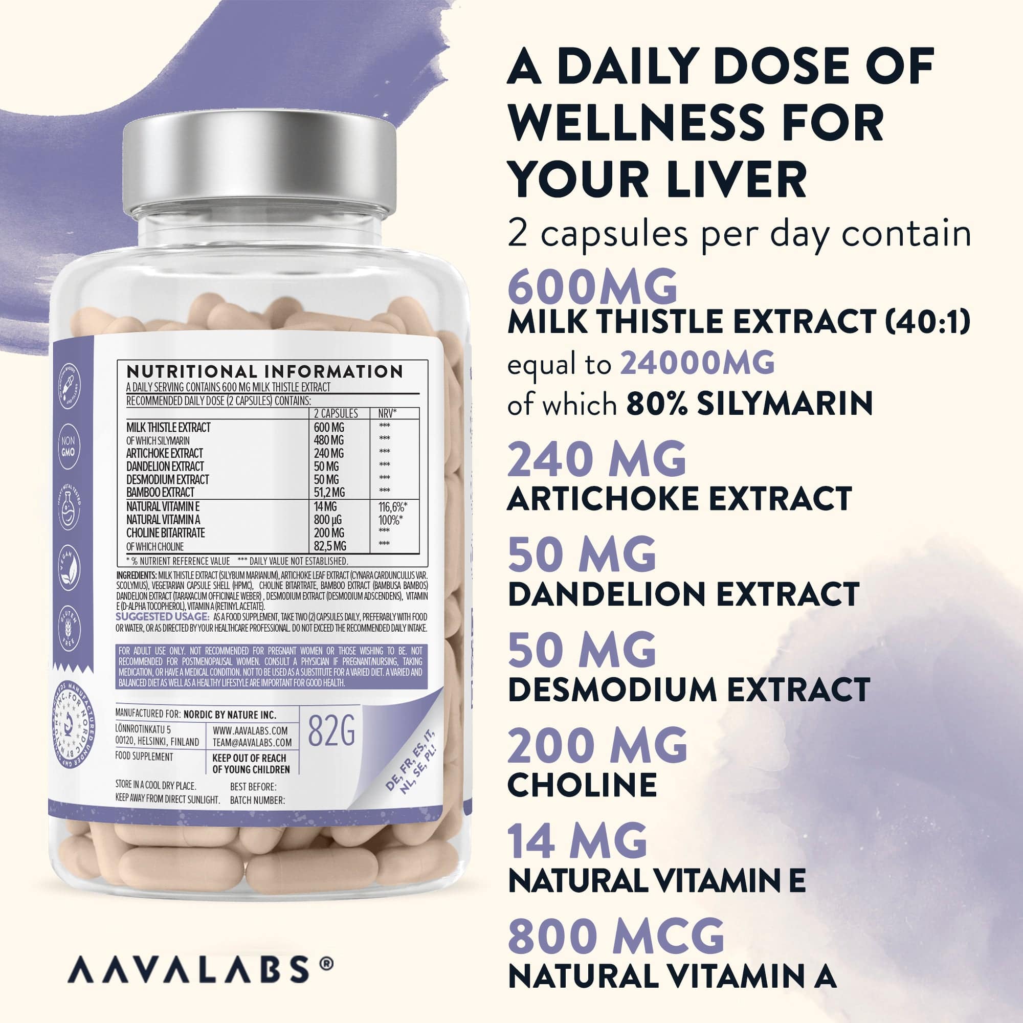 Close‑up of back label showing ingredient panel including milk thistle, choline, artichoke, bamboo, desmodium, vitamin E and vitamin A – Milk Thistle Complex Aavalabs”