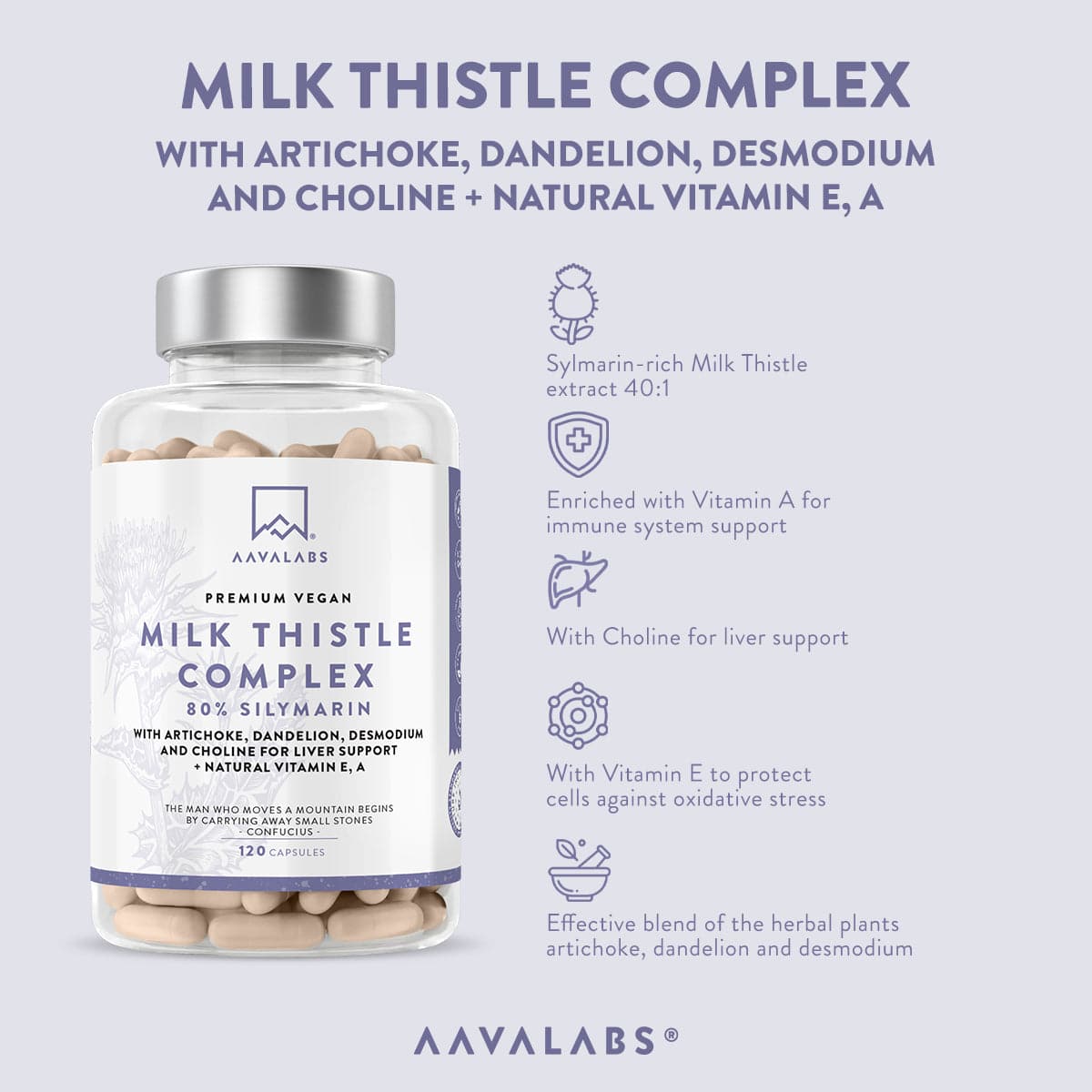 Bottle of Milk Thistle Complex with overlay listing 600 mg standardised silymarin extract, choline, vitamins E and A, artichoke, dandelion and desmodium – Milk Thistle Complex Aavalabs