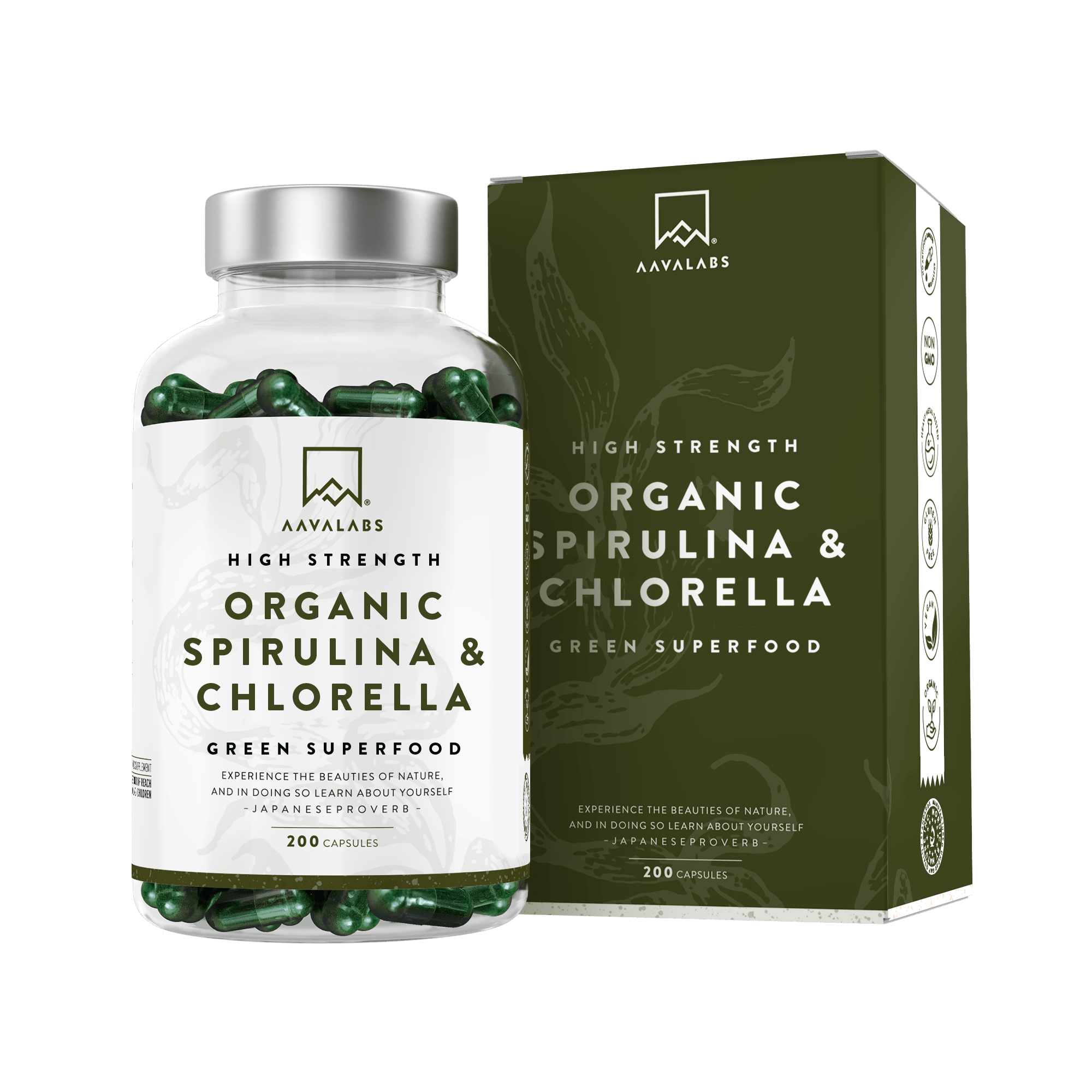 Supplement bottle with silver lid beside dark green box on pale background – Organic Spirulina & Chlorella Complex Aavalabs