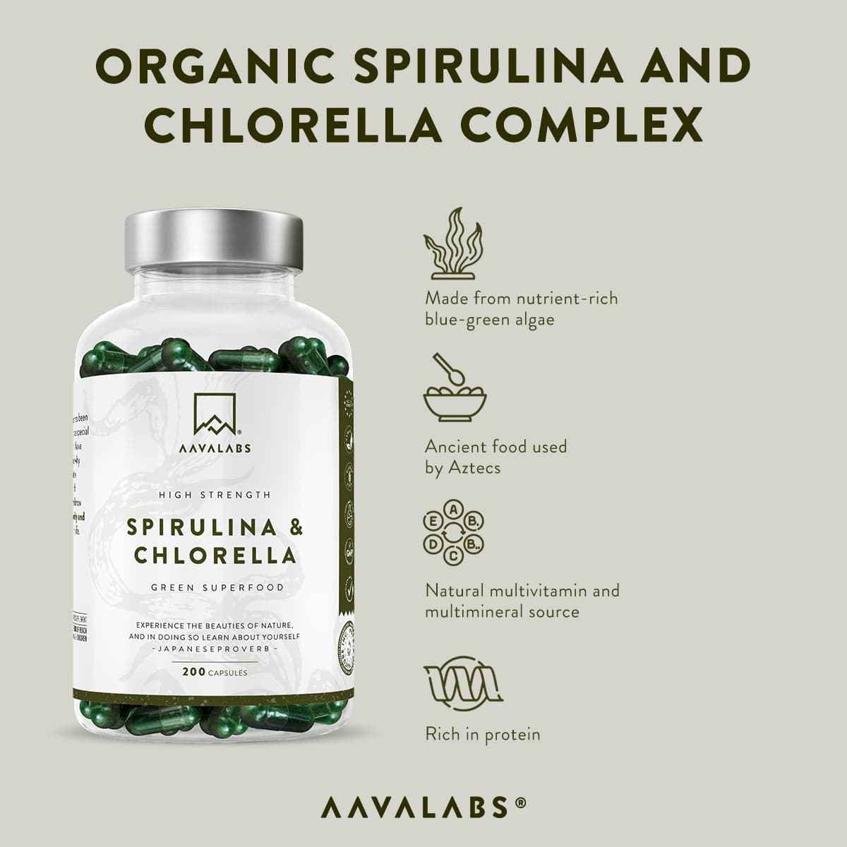 Bottle of Spirulina & Chlorella Complex featuring text overlay highlighting certified organic algae and high nutrient density – Organic Spirulina & Chlorella Complex Aavalabs