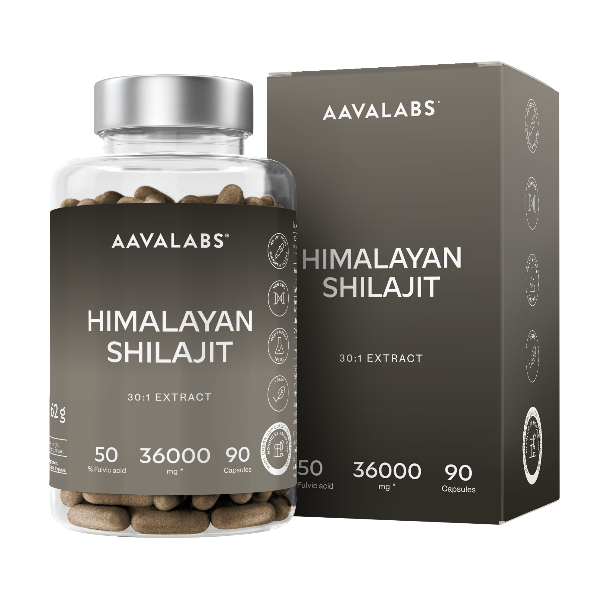 Supplement bottle with silver lid next to black box packaging on pale background – Shilajit Aavalabs